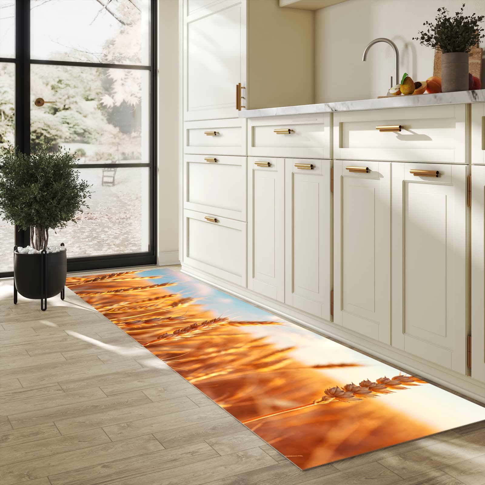 Dünner Küchenteppich mit Motiv Weizenfeld Sonnenuntergang in heller Küche für angenehme Haptik