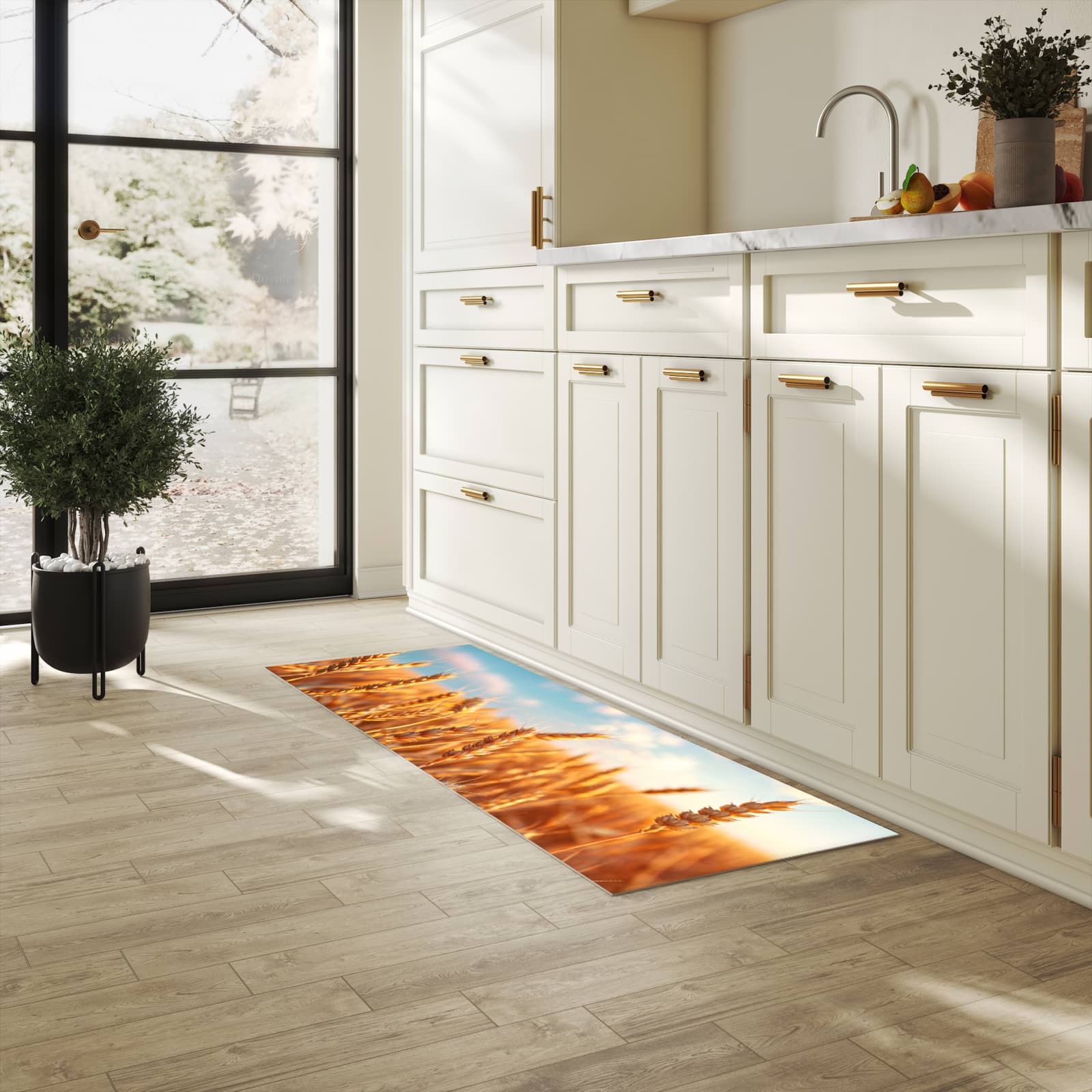 Schmutzabweisender Küchenläufer mit Motiv Weizenfeld Sonnenuntergang in heller Küche