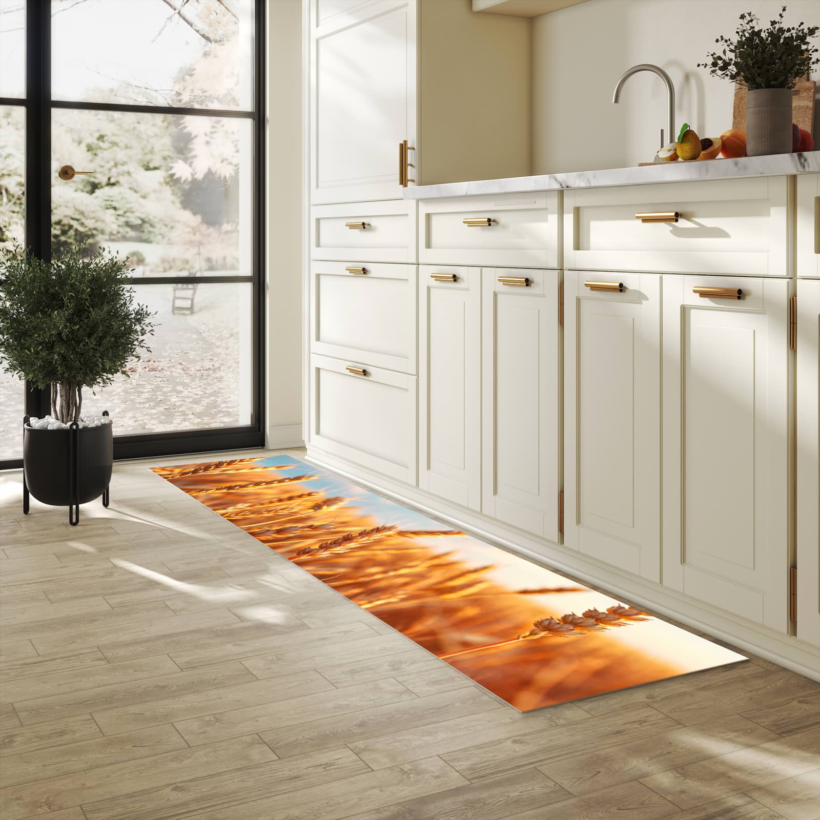 Langlebiger Teppichläufer mit Motiv Weizenfeld Sonnenuntergang in heller Küche