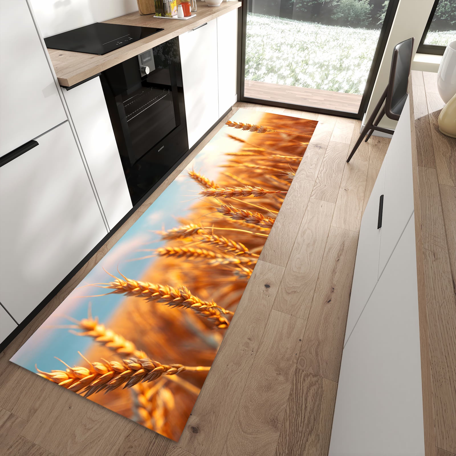 Farbbeständiger waschbarer Küchenläufer mit Motiv Weizenfeld Sonnenuntergang in moderner Küche