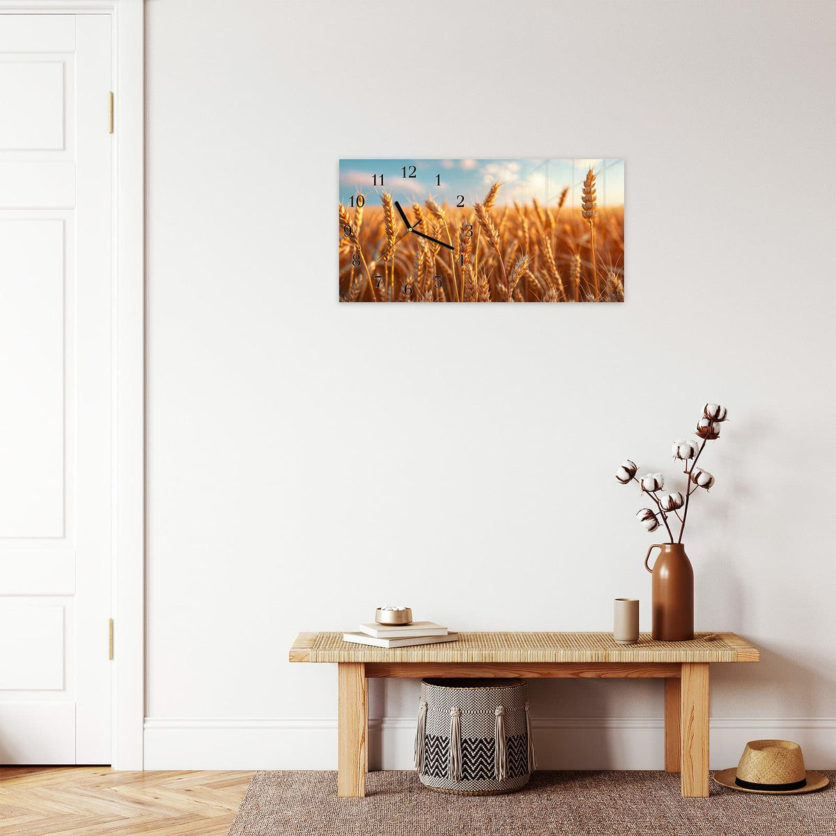 Moderne Wanduhr aus Glas mit Farbtiefe – Wanduhr Weizenfeld Sonnenuntergang aus Glas – Querformat 60 × 30 cm