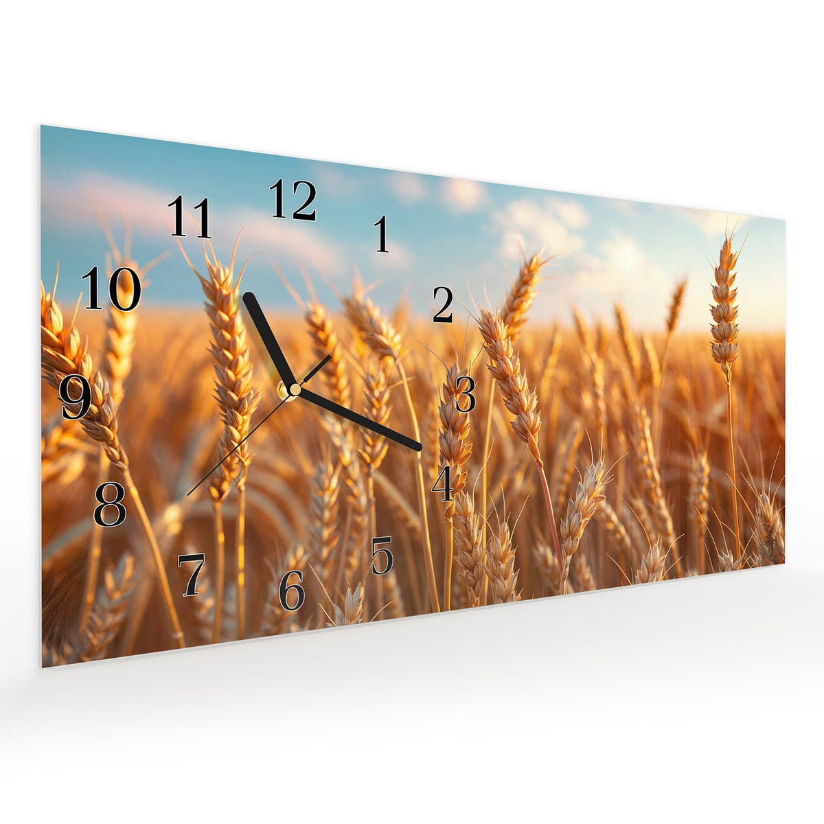 Vormontiert – mit Schwebeeffekt – Wanduhr Weizenfeld Sonnenuntergang aus Glas – Querformat 60 × 30 cm
