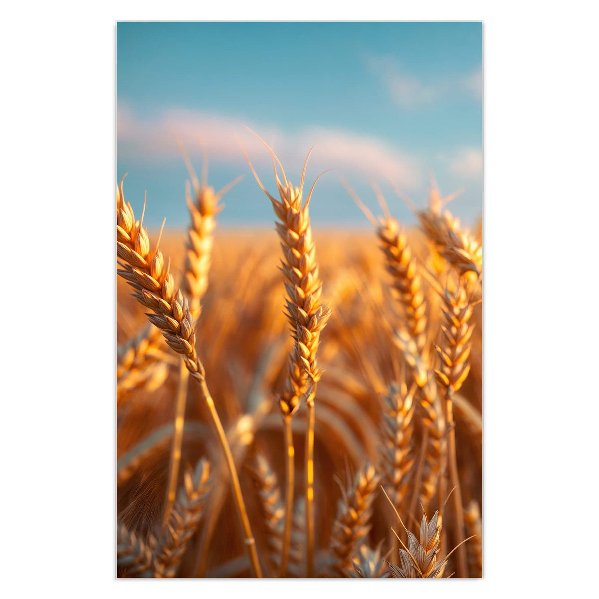 Reife Weizenähren im warmen Gegenlicht vor kräftig blauem Himmel mit Wölkchen