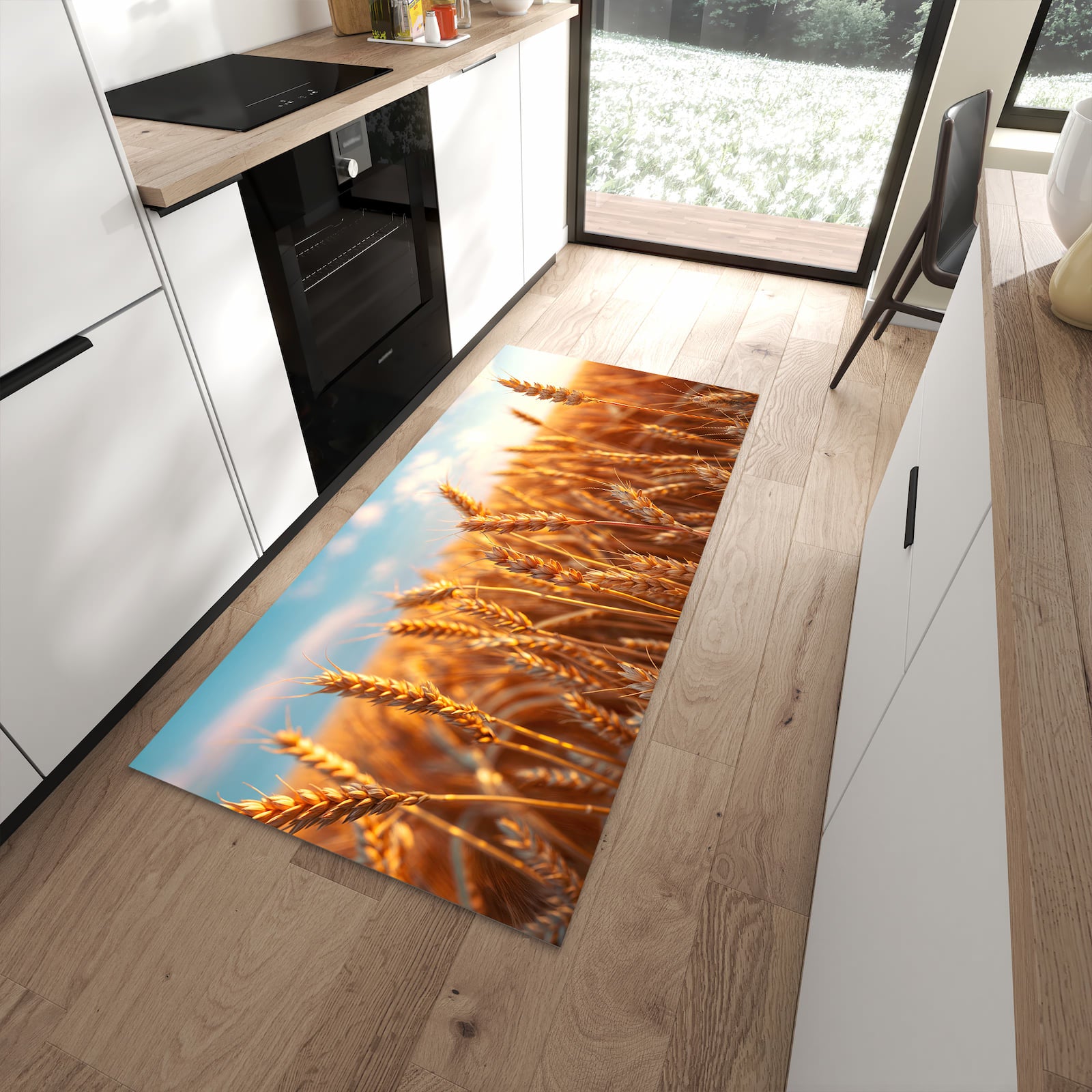 Rutschfester Küchenläufer mit Motiv Weizenfeld Sonnenuntergang für sicheren Stand in moderner Küche