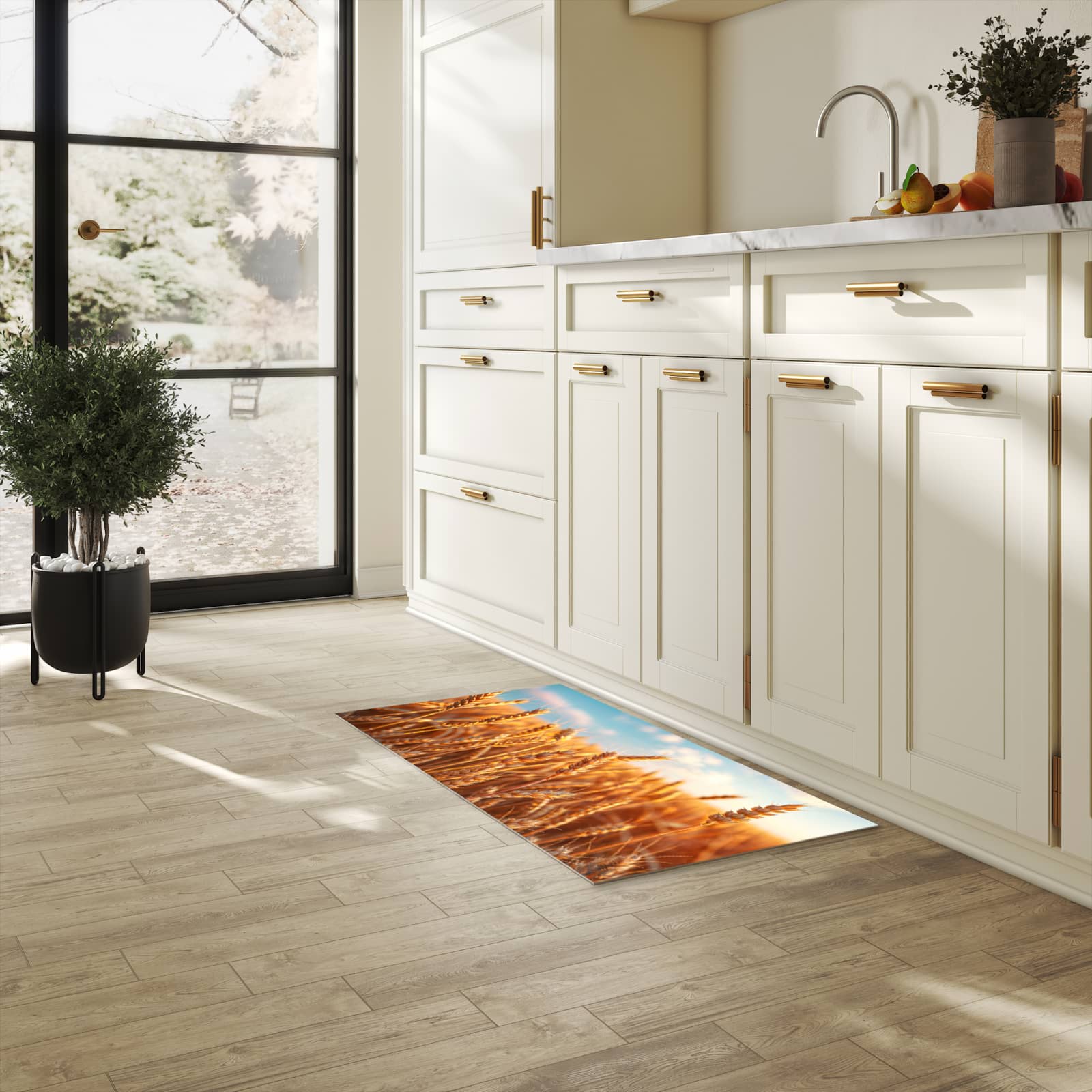 Wasserabweisender Küchenvorleger mit Motiv Weizenfeld Sonnenuntergang in heller Küche