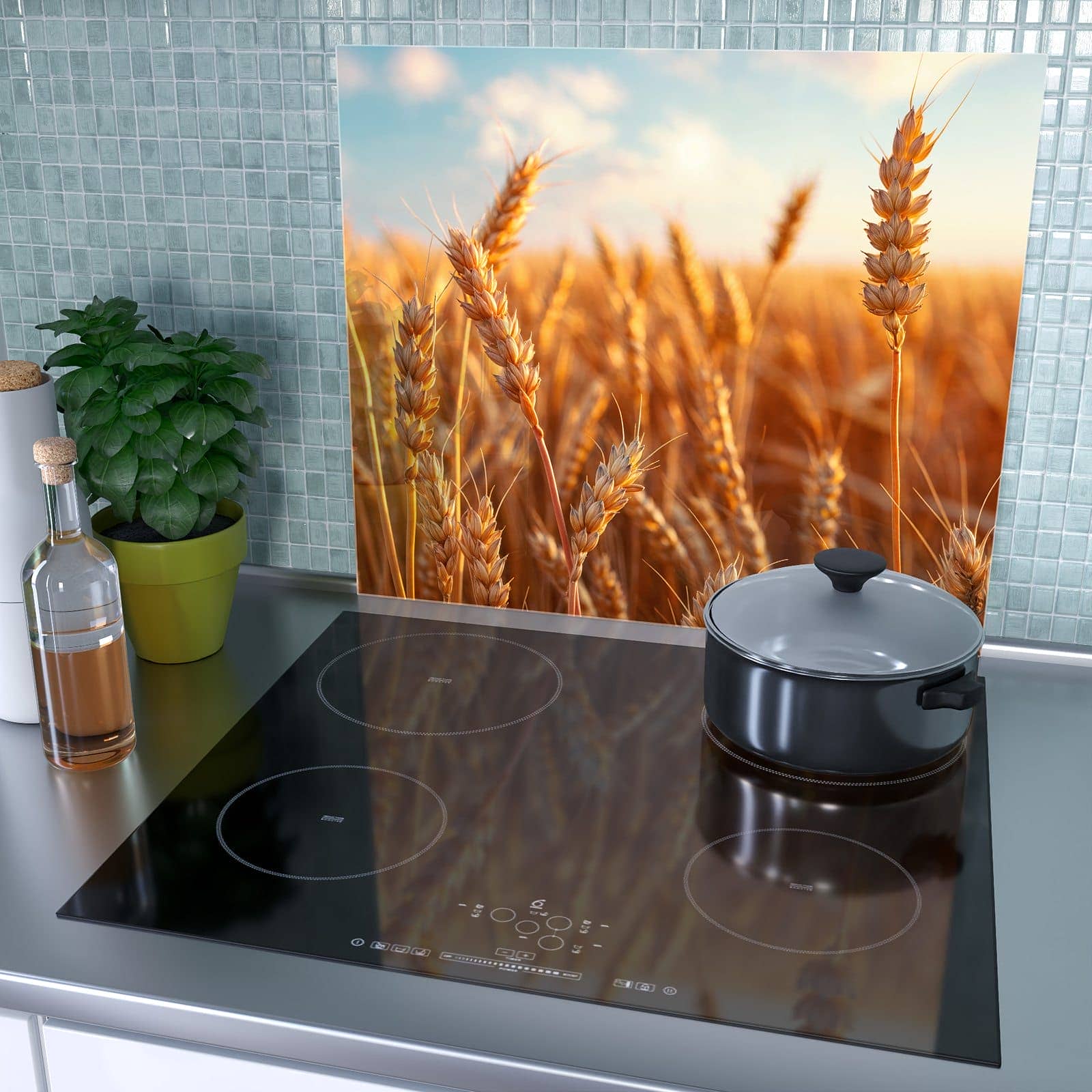 1-teilige Herdabdeckplatte aus Glas mit Weizenfeld Sonnenuntergang-Motiv als Spritzschutz hinter dem Kochfeld