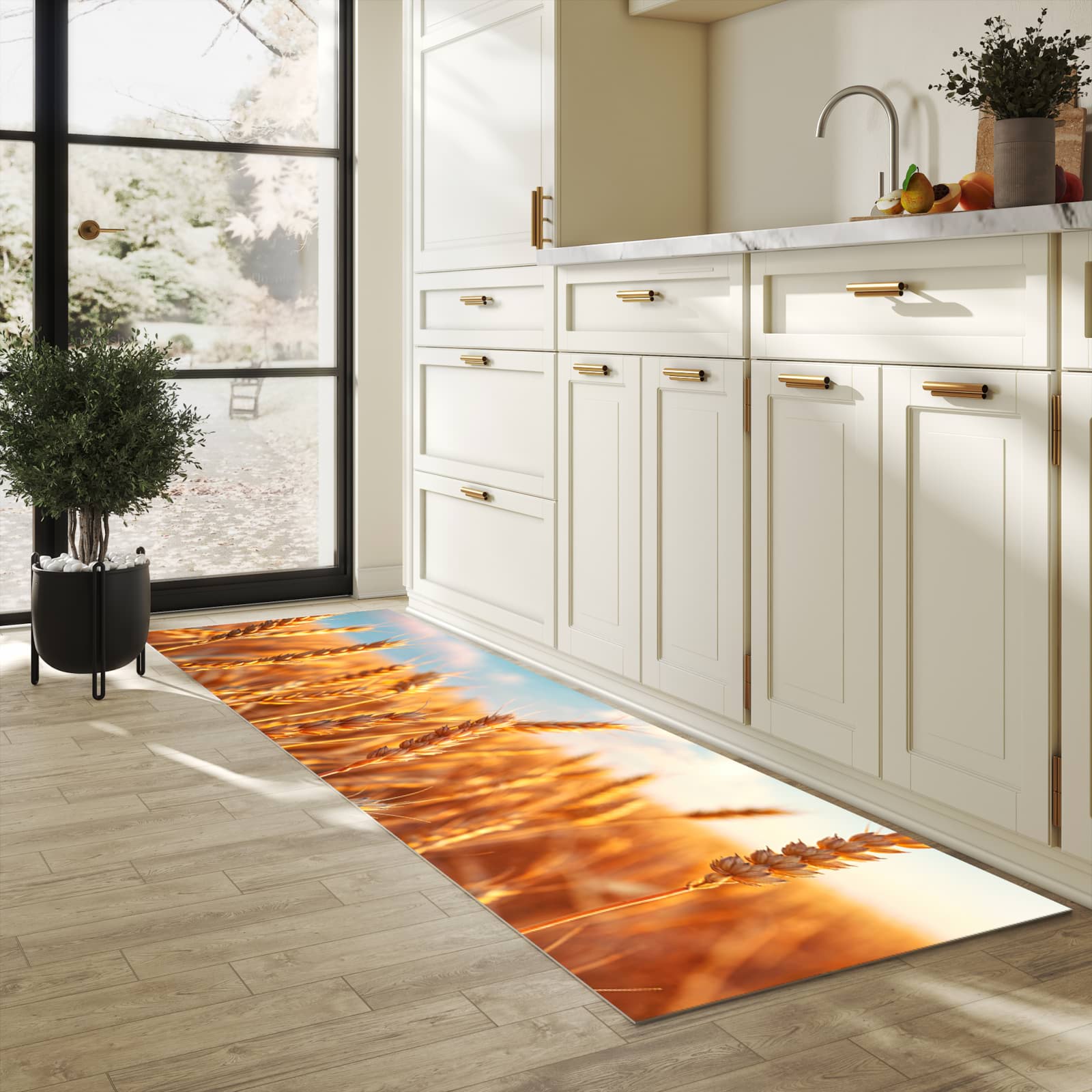 Pflegeleichter Läufer mit Motiv Weizenfeld Sonnenuntergang in heller Küche für einfache Reinigung