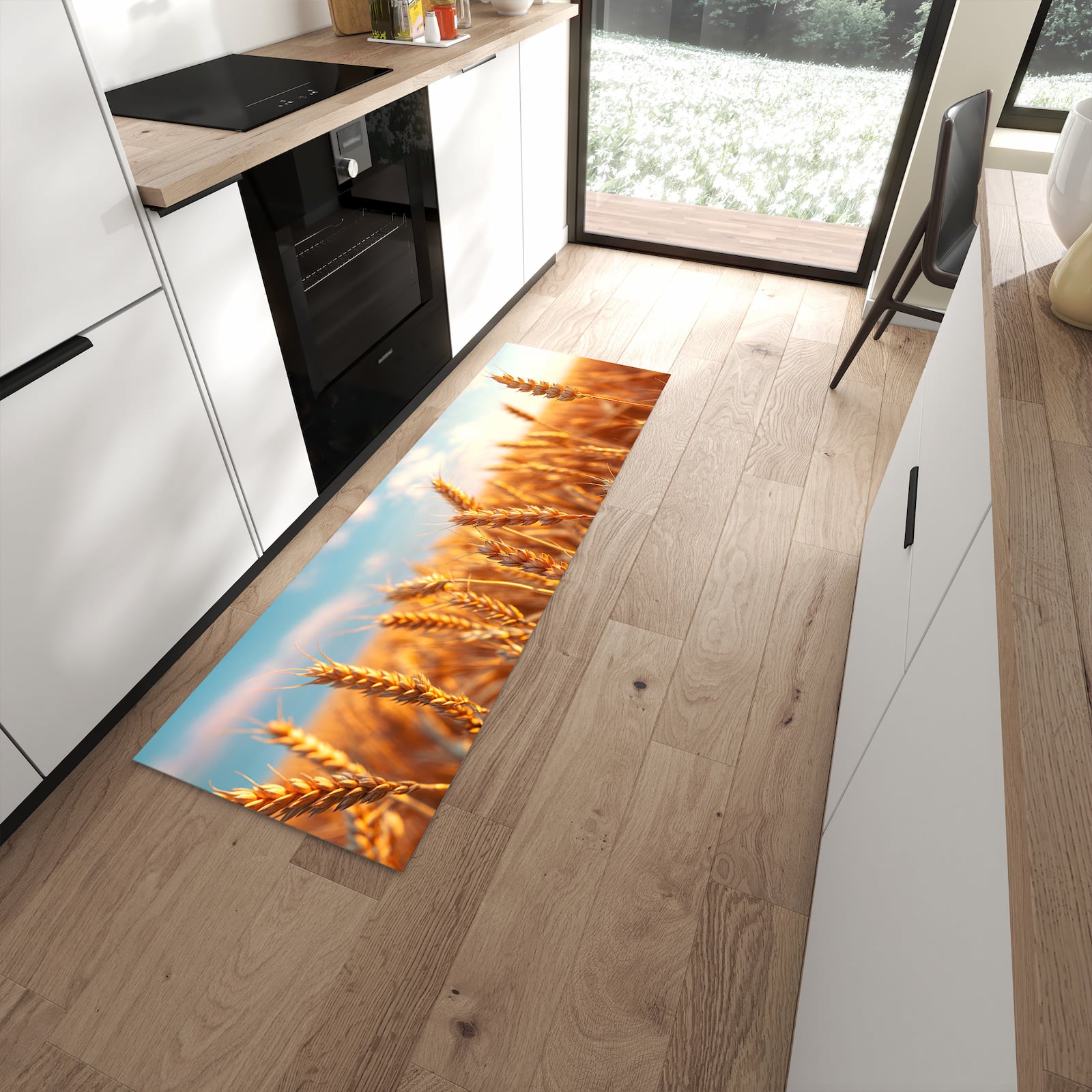 Waschbarer Küchenteppich mit Motiv Weizenfeld Sonnenuntergang in moderner Küche