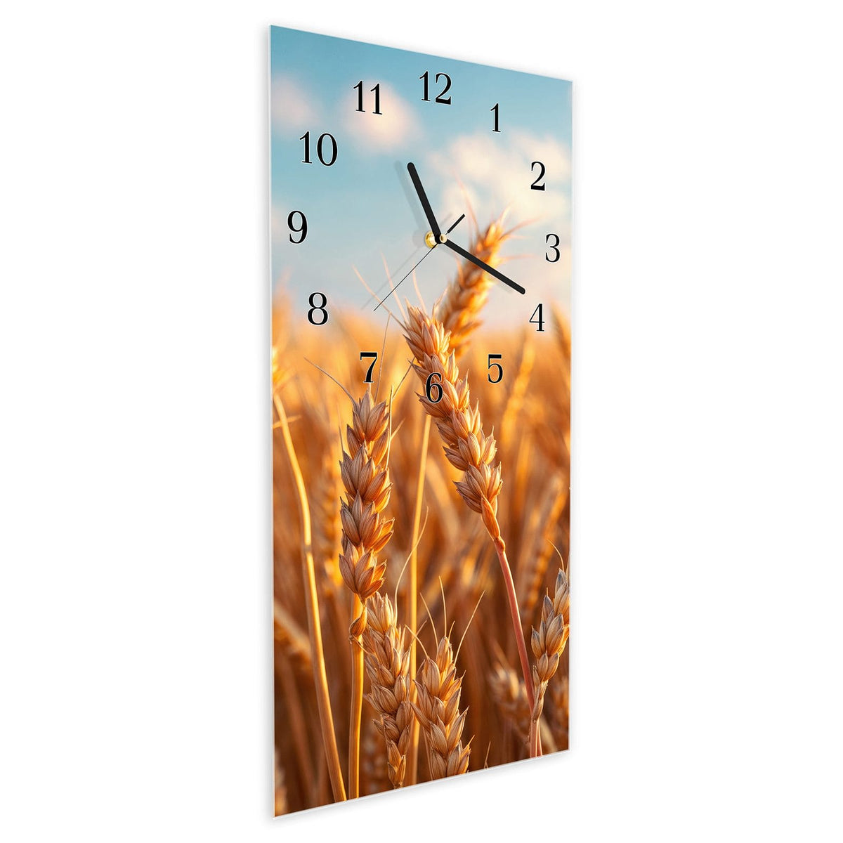 Vormontiert – mit Schwebeeffekt – Wanduhr Weizenfeld Sonnenuntergang aus Glas – Hochformat 30 × 60 cm