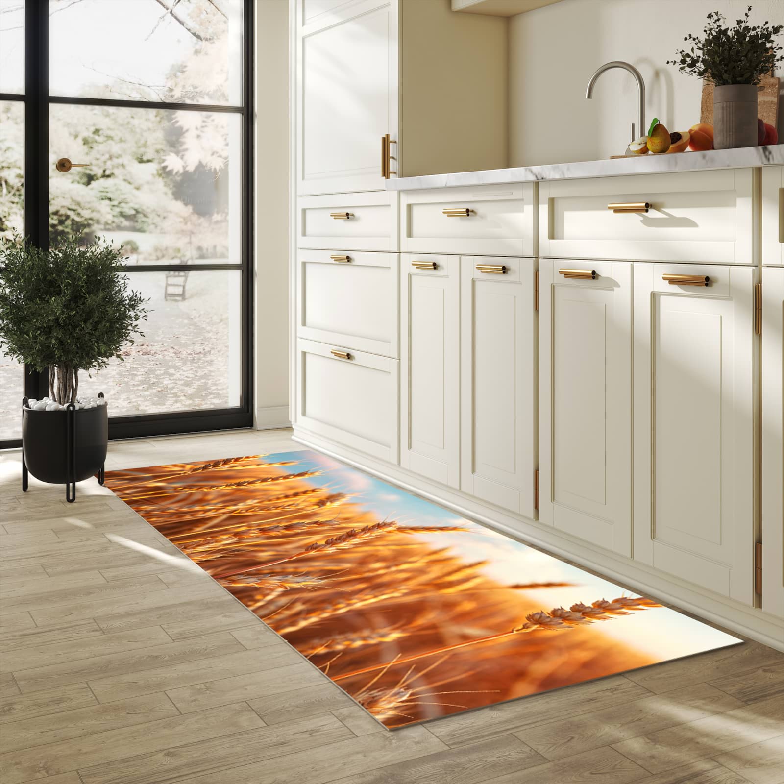 Strapazierfähiger dünner Küchenteppich mit Motiv Weizenfeld Sonnenuntergang in heller Küche