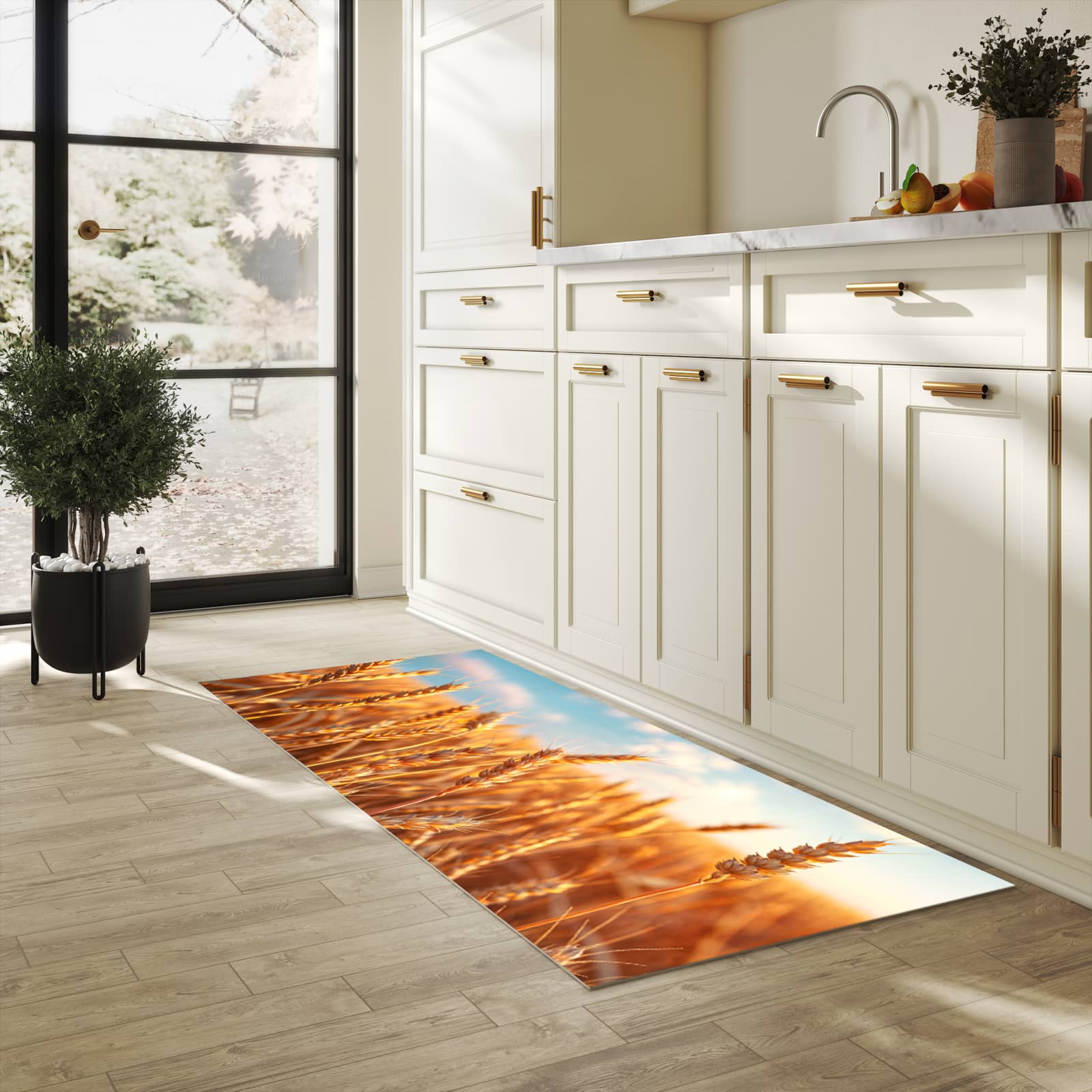 Komfortabler langer Teppich mit Motiv Weizenfeld Sonnenuntergang in heller Küche