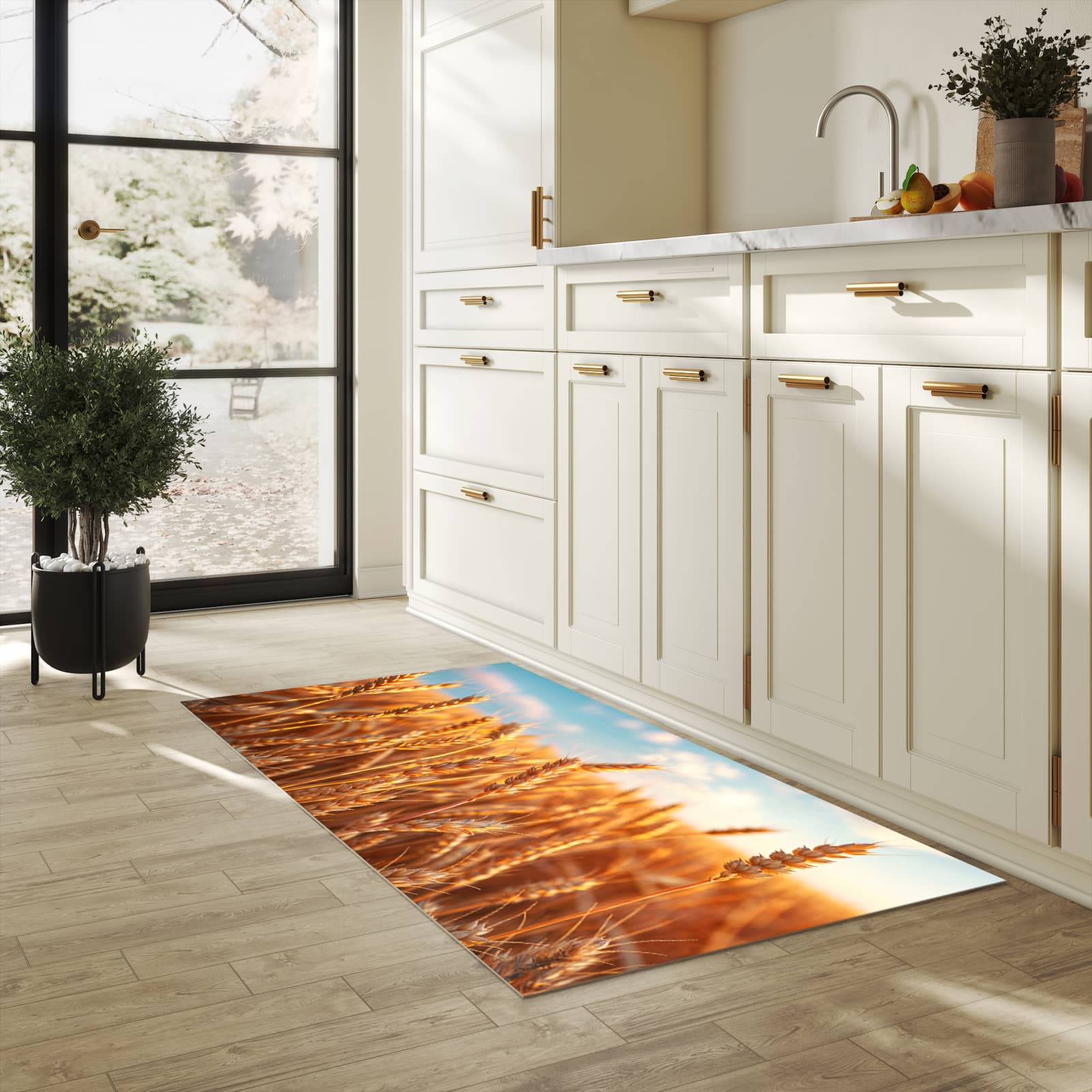Hygienischer rutschfester Küchenteppich mit Motiv Weizenfeld Sonnenuntergang in heller Küche