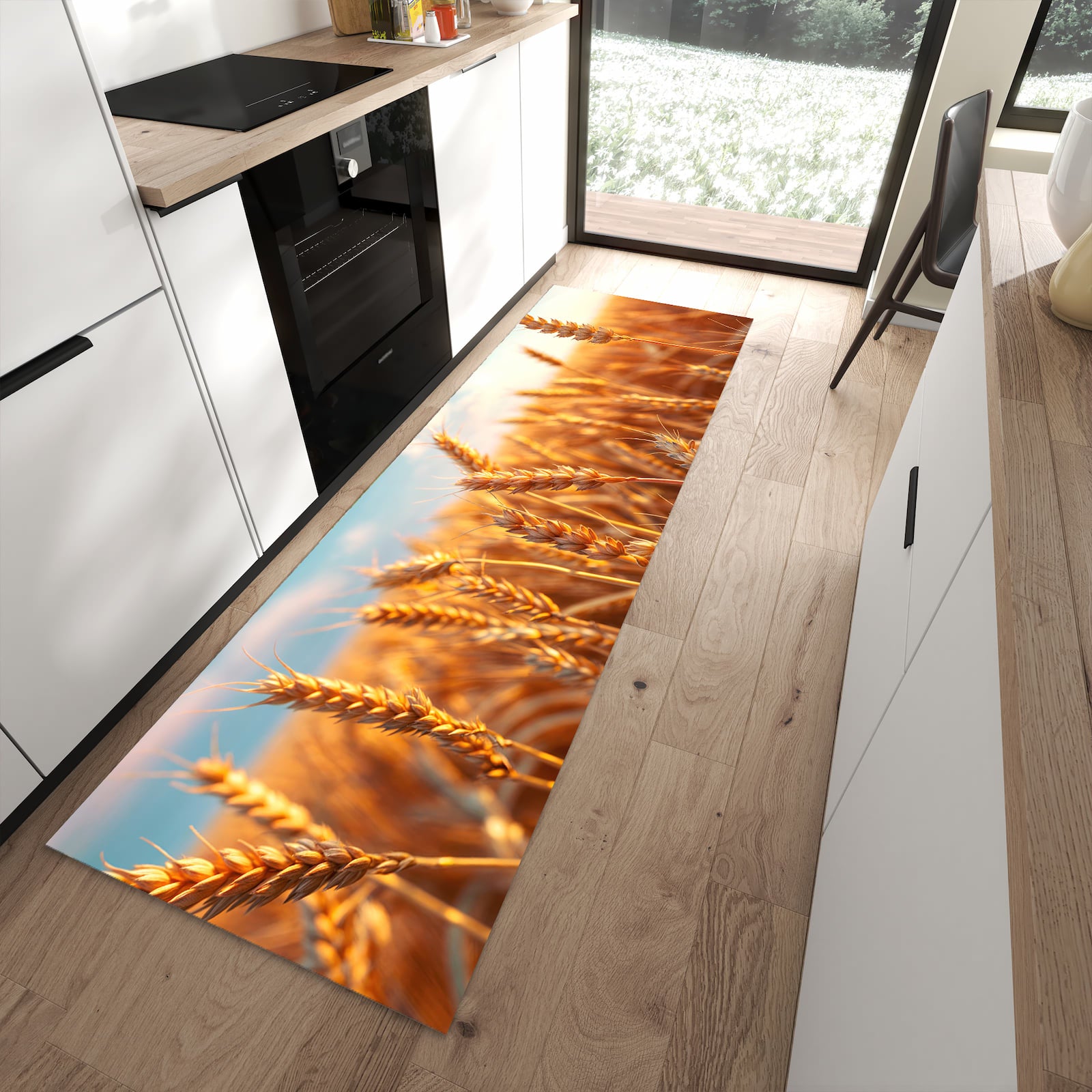 Bodenschonender Küchenläufer mit Motiv Weizenfeld Sonnenuntergang in moderner Küche