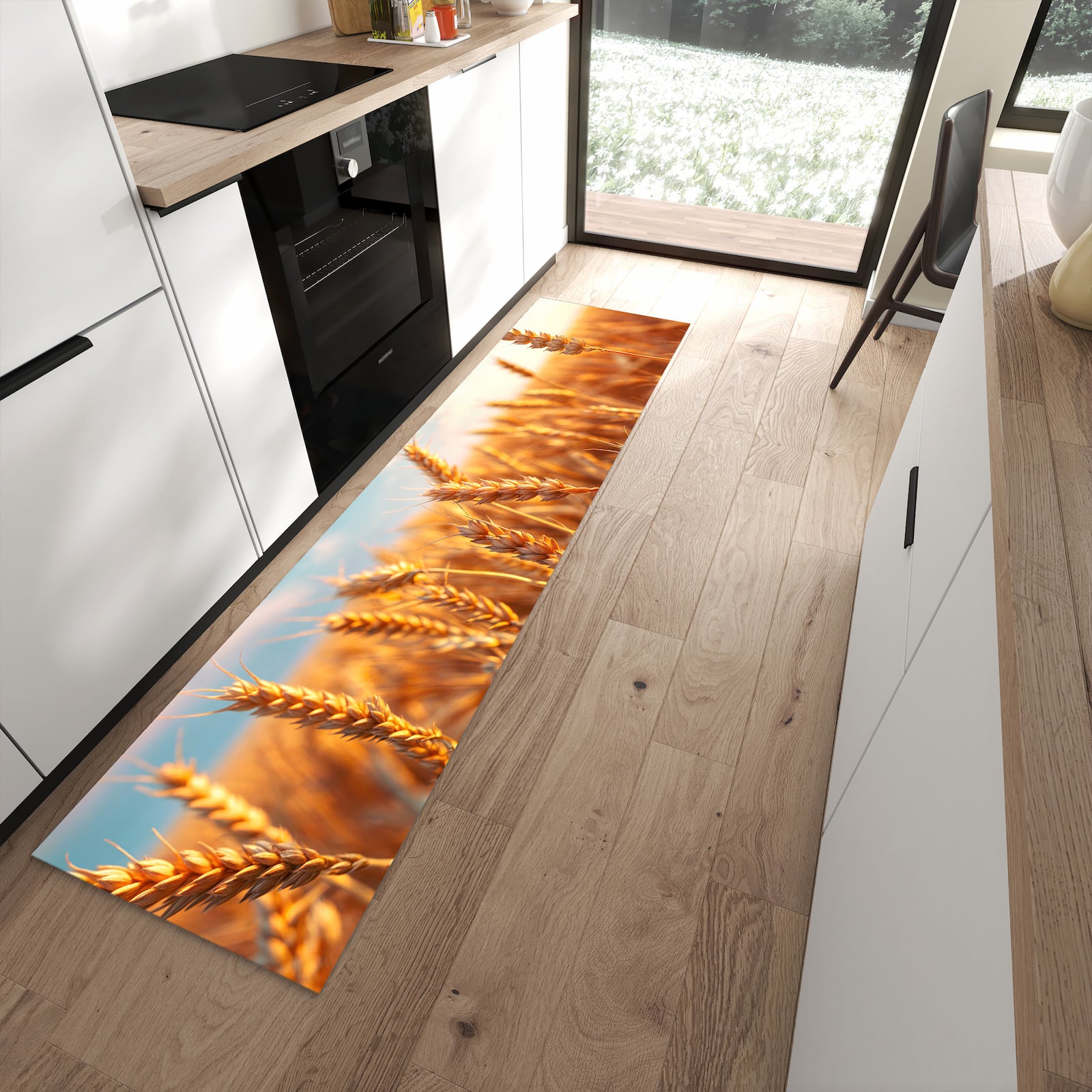 Langlebiger waschbarer Küchenteppich mit Motiv Weizenfeld Sonnenuntergang in moderner Küche