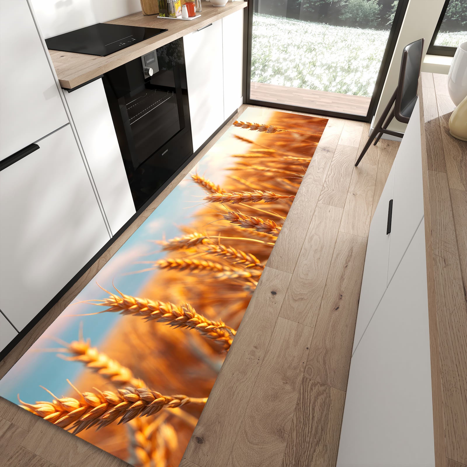Formstabiler rutschfester Küchenläufer mit Motiv Weizenfeld Sonnenuntergang in moderner Küche