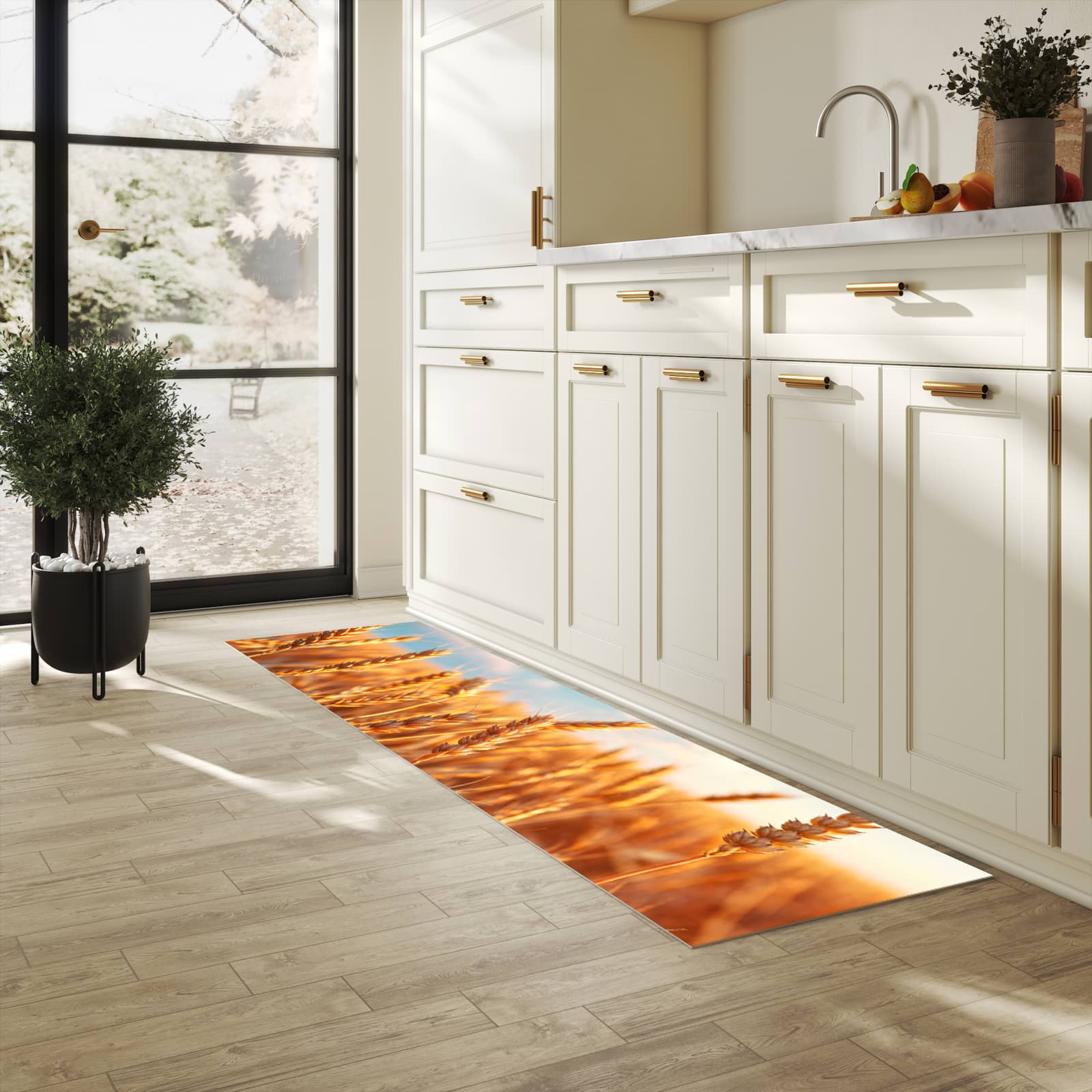 Geruchsneutraler Küchenläufer mit Motiv Weizenfeld Sonnenuntergang in heller Küche