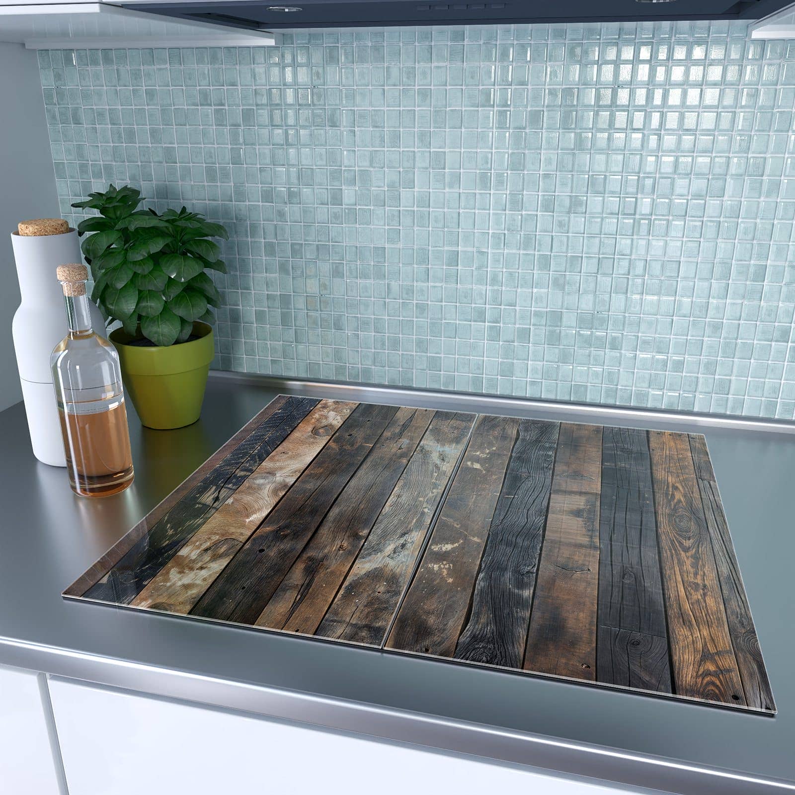2-teilige Abdeckung für Herdplatten mit Braune Holzdielen-Motiv auf dem Ceranfeld