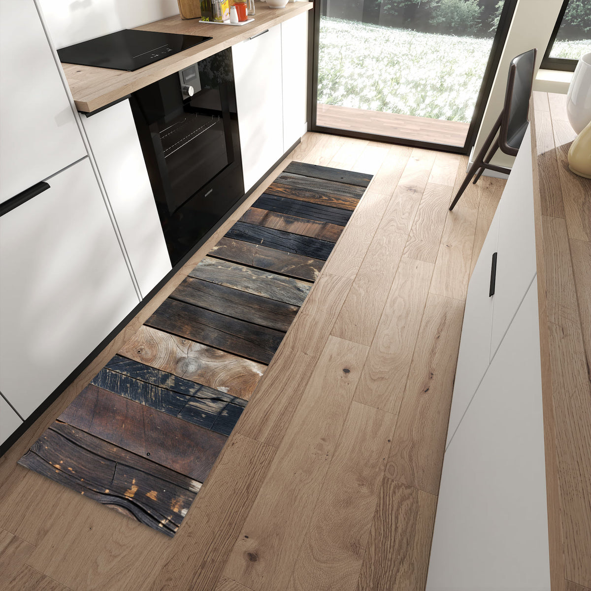 Komfortabler Küchenteppich mit Motiv Rustikale Holzplanken in moderner Küche