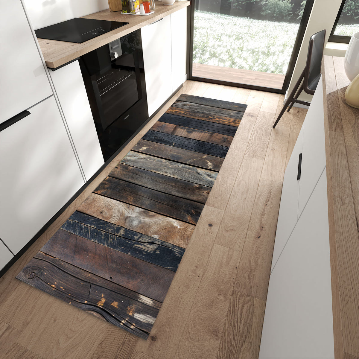 Langlebiger Küchenläufer mit Motiv Rustikale Holzplanken in moderner Küche