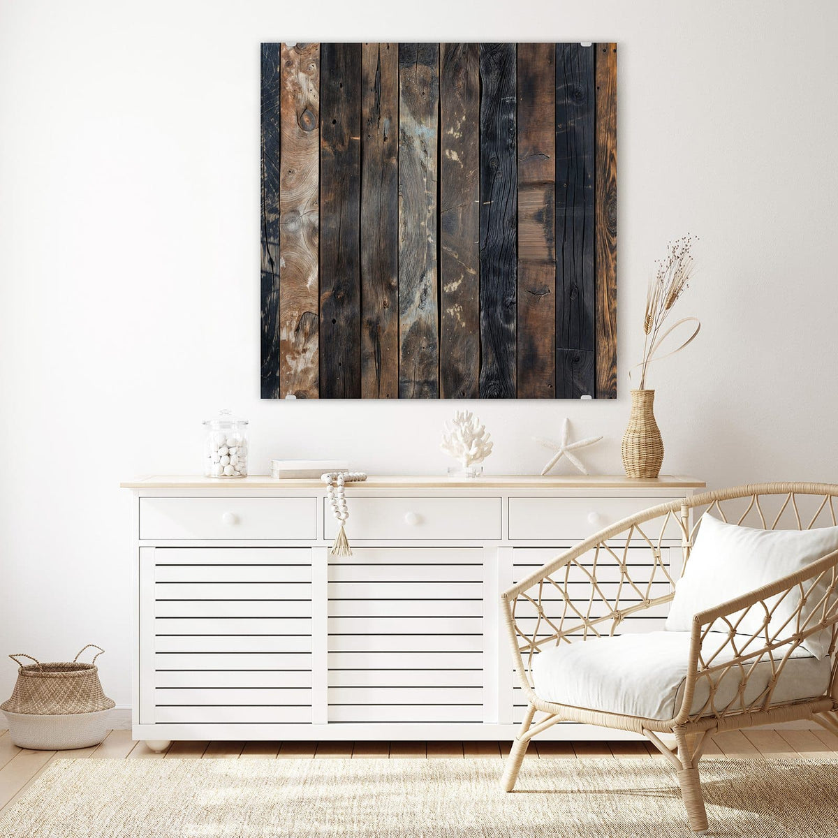 Glasbild Braune Holzdielen an der Wand – Senkrechte alte Dielen von hellem Braun bis fast Schwarz mit Astlöchern und Rissen