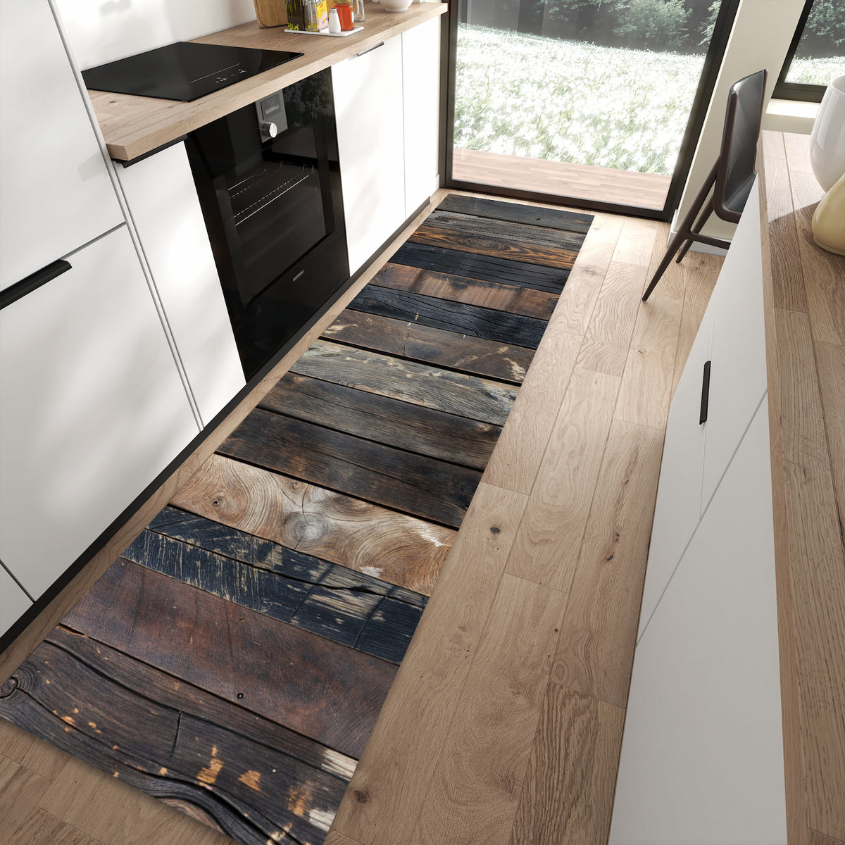 Rutschfester Küchenteppich mit Motiv Rustikale Holzplanken in moderner Küche