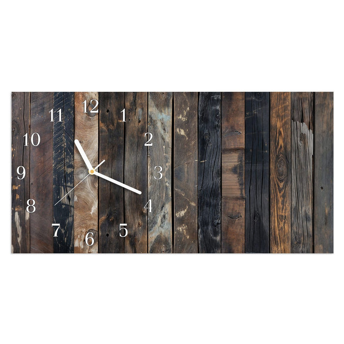 Wanduhr Braune Holzdielen aus Glas – Querformat 60 × 30 cm mit Ziffernblatt Klassisch