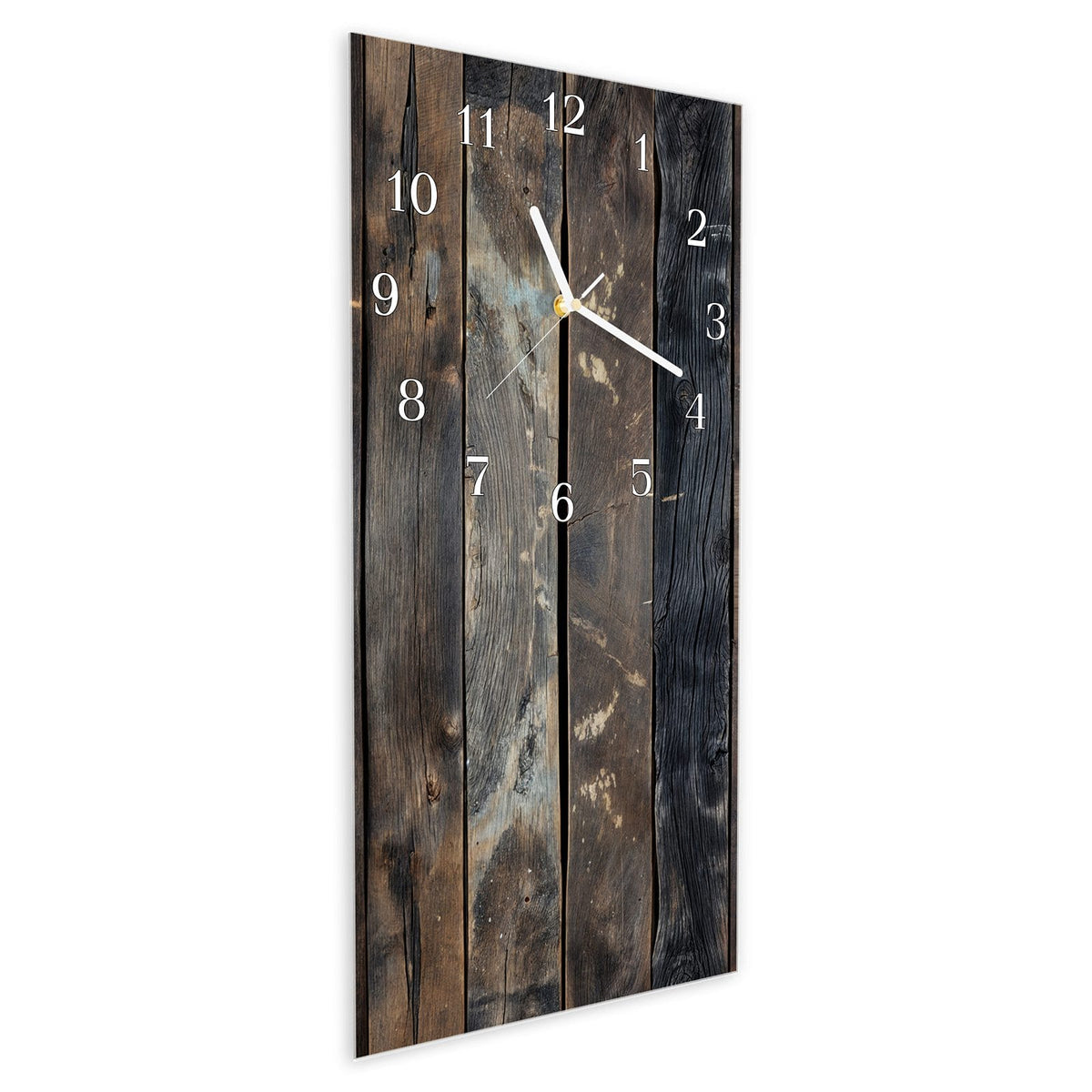 Vormontiert – mit Schwebeeffekt – Wanduhr Braune Holzdielen aus Glas – Hochformat 30 × 60 cm