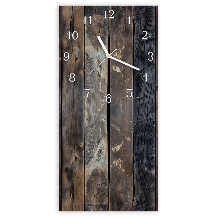 Wanduhr Braune Holzdielen aus Glas – Hochformat 30 × 60 cm mit Ziffernblatt Klassisch