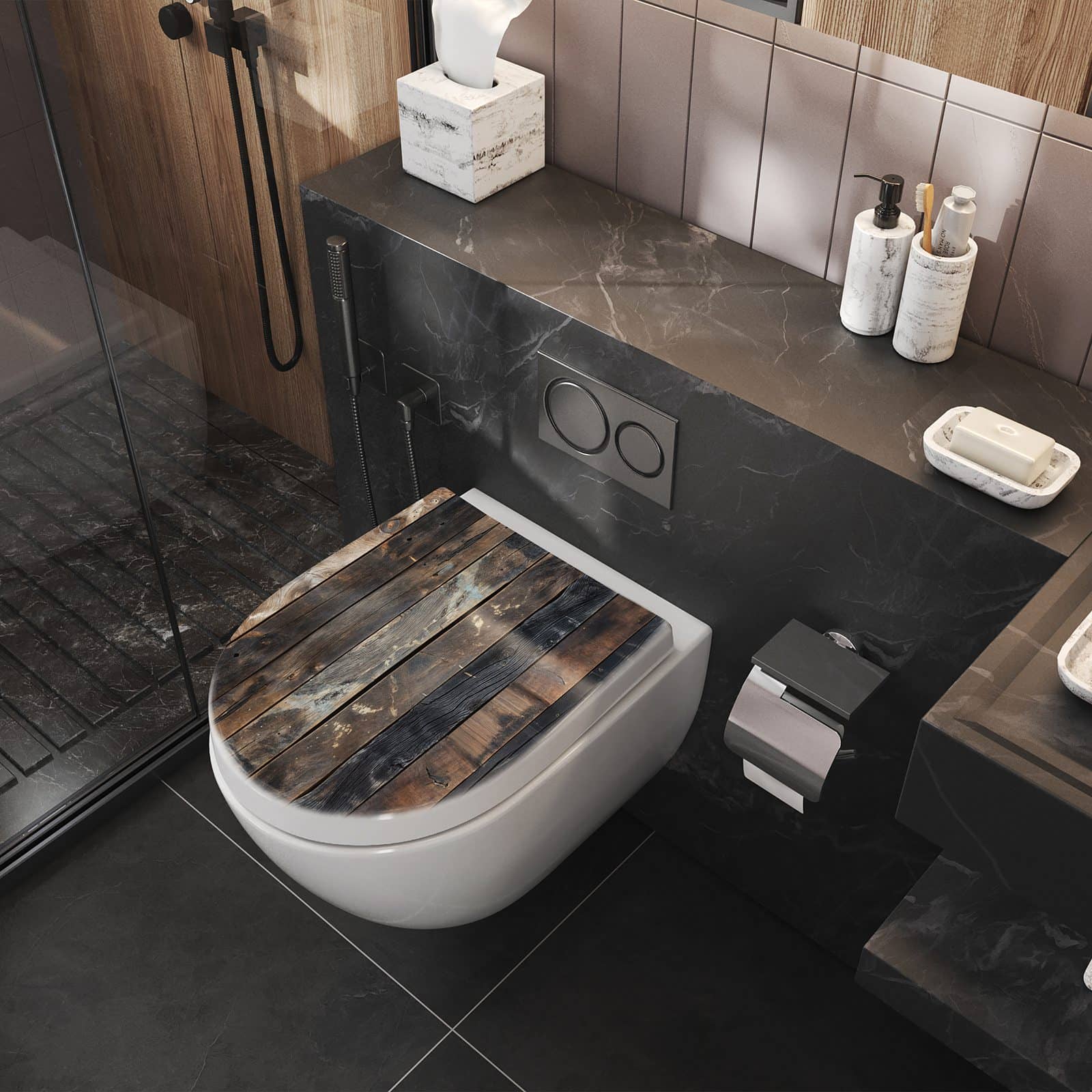 WC-Sitz mit Absenkautomatik Rustikale Holzplanken