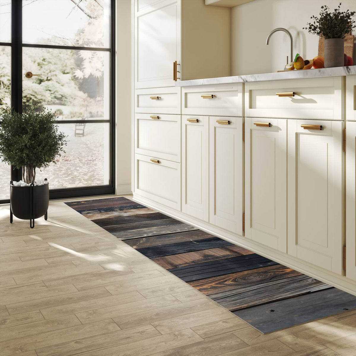 Hygienischer Küchenteppich mit Motiv Rustikale Holzplanken in heller Küche
