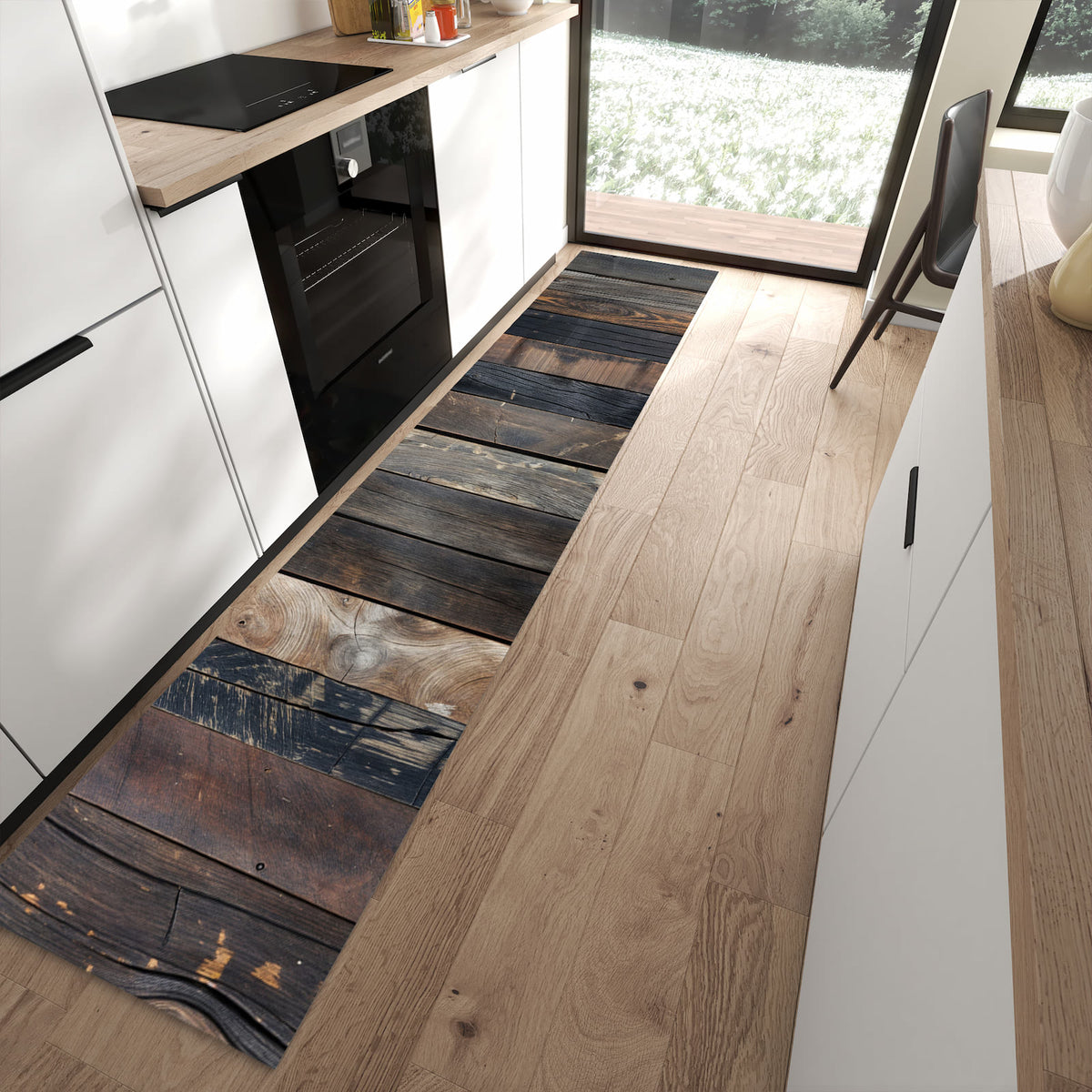 Fleckenresistenter Küchenteppich mit Motiv Rustikale Holzplanken in moderner Küche