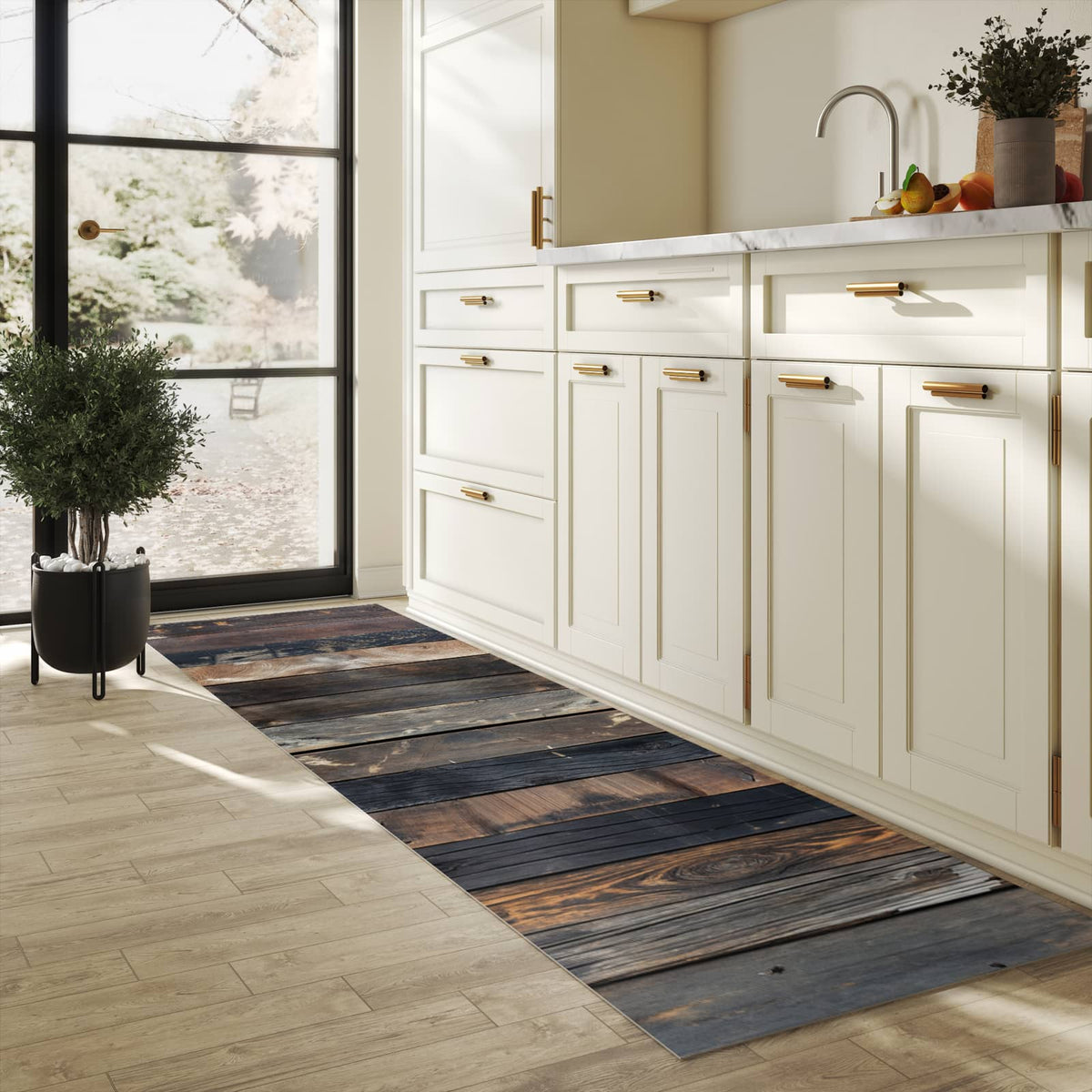 Abriebfester Läufer für die Küche mit Motiv Rustikale Holzplanken in heller Küche