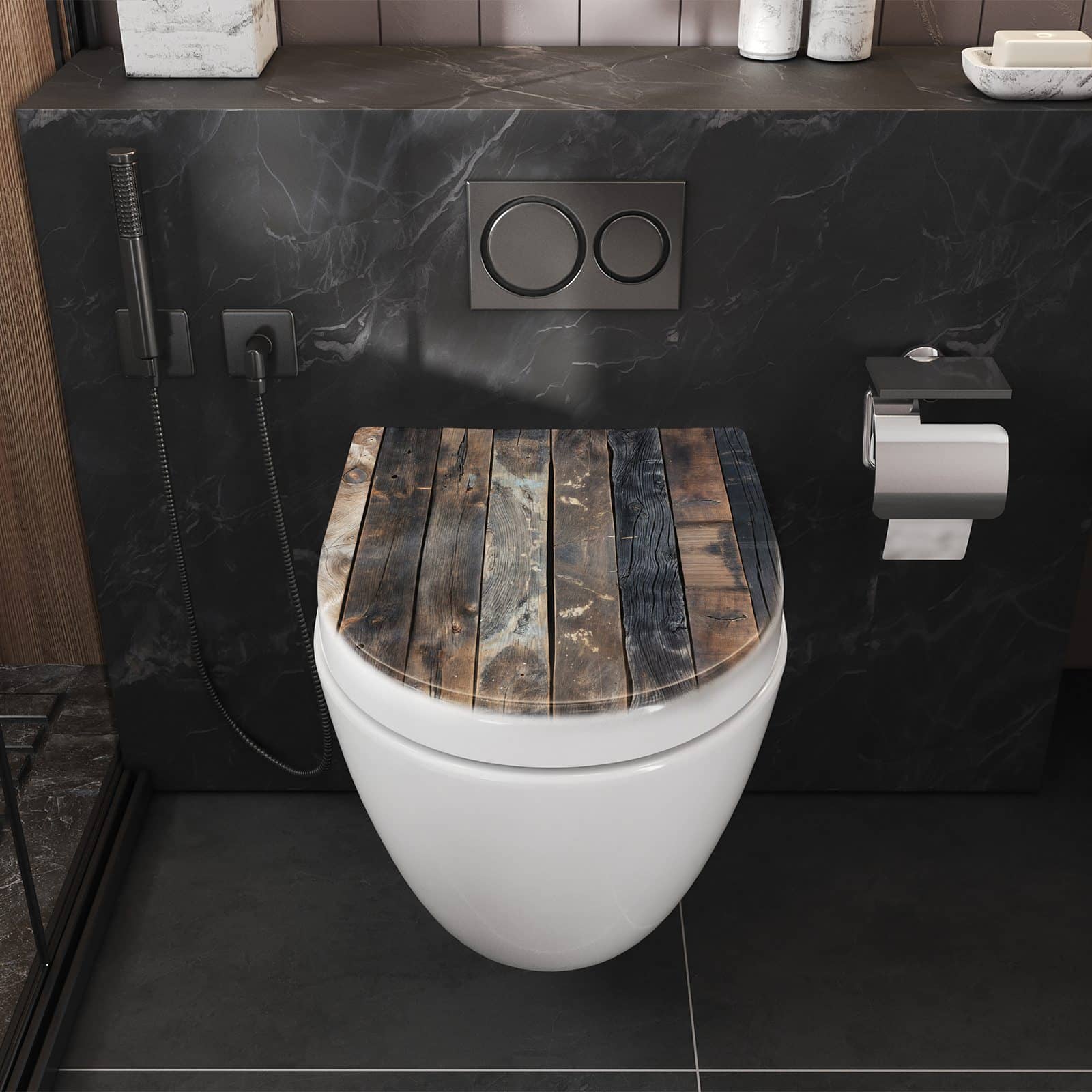 WC-Sitz mit Absenkautomatik Rustikale Holzplanken