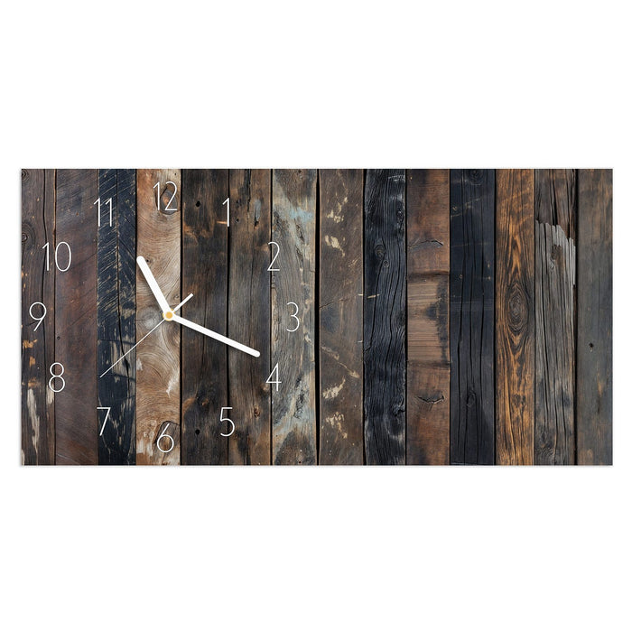 Wanduhr Braune Holzdielen aus Glas – Querformat 60 × 30 cm mit Ziffernblatt Elegant