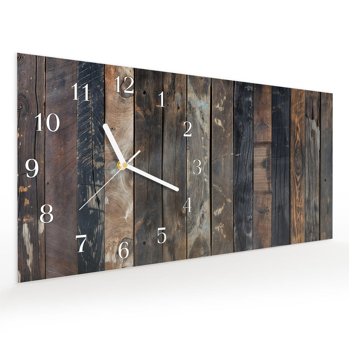 Vormontiert – mit Schwebeeffekt – Wanduhr Braune Holzdielen aus Glas – Querformat 60 × 30 cm