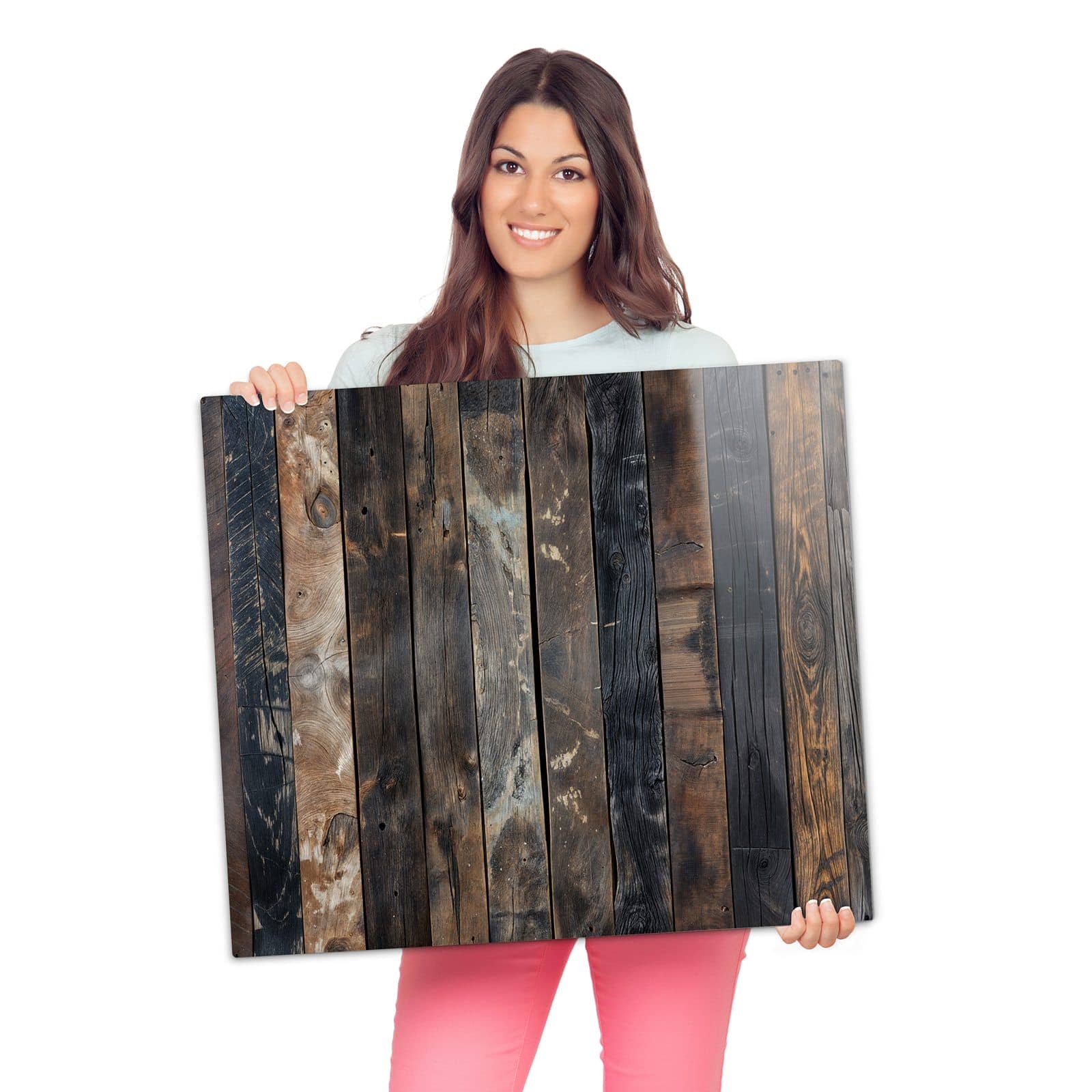 Herdabdeckplatten aus Glas mit Braune Holzdielen-Motiv wird zur Größendarstellung gehalten