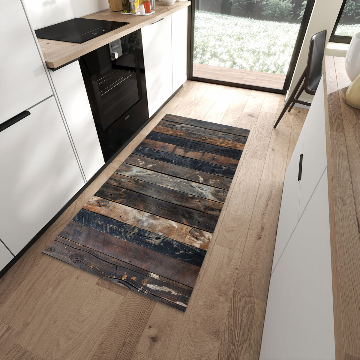 Waschbarer Küchenteppich mit Motiv Rustikale Holzplanken in moderner Küche