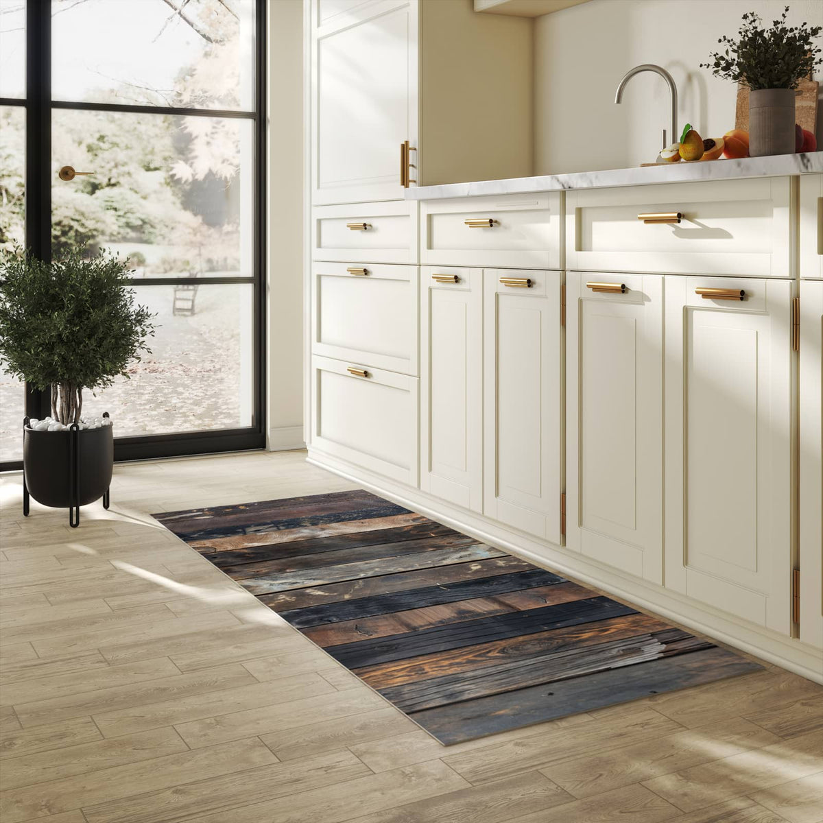 Waschbarer Küchenteppich mit Motiv Rustikale Holzplanken in heller Küche