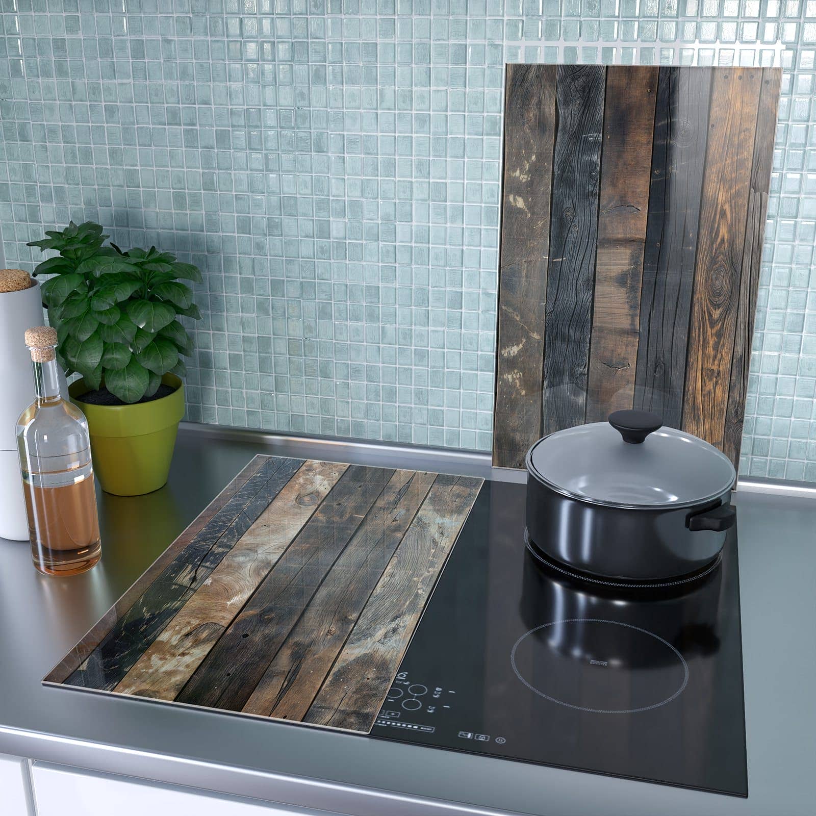 2-teilige Herdabdeckplatten für Ceranfeld mit Braune Holzdielen-Motiv als Spritzschutz hinter dem Kochfeld