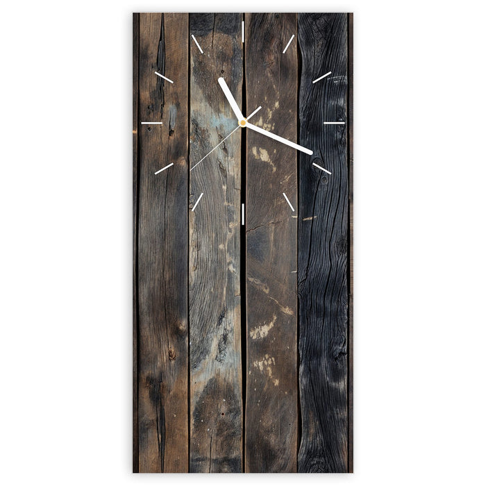 Wanduhr Braune Holzdielen aus Glas – Hochformat 30 × 60 cm mit Ziffernblatt Linie