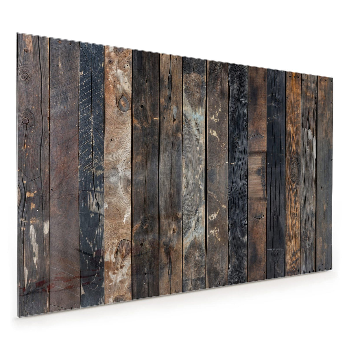 Küchenrückwand aus Glas im Hochformat mit Motiv Braune Holzdielen: Senkrechte alte Dielen von hellem Braun bis fast Schwarz mit Astlöchern und Rissen