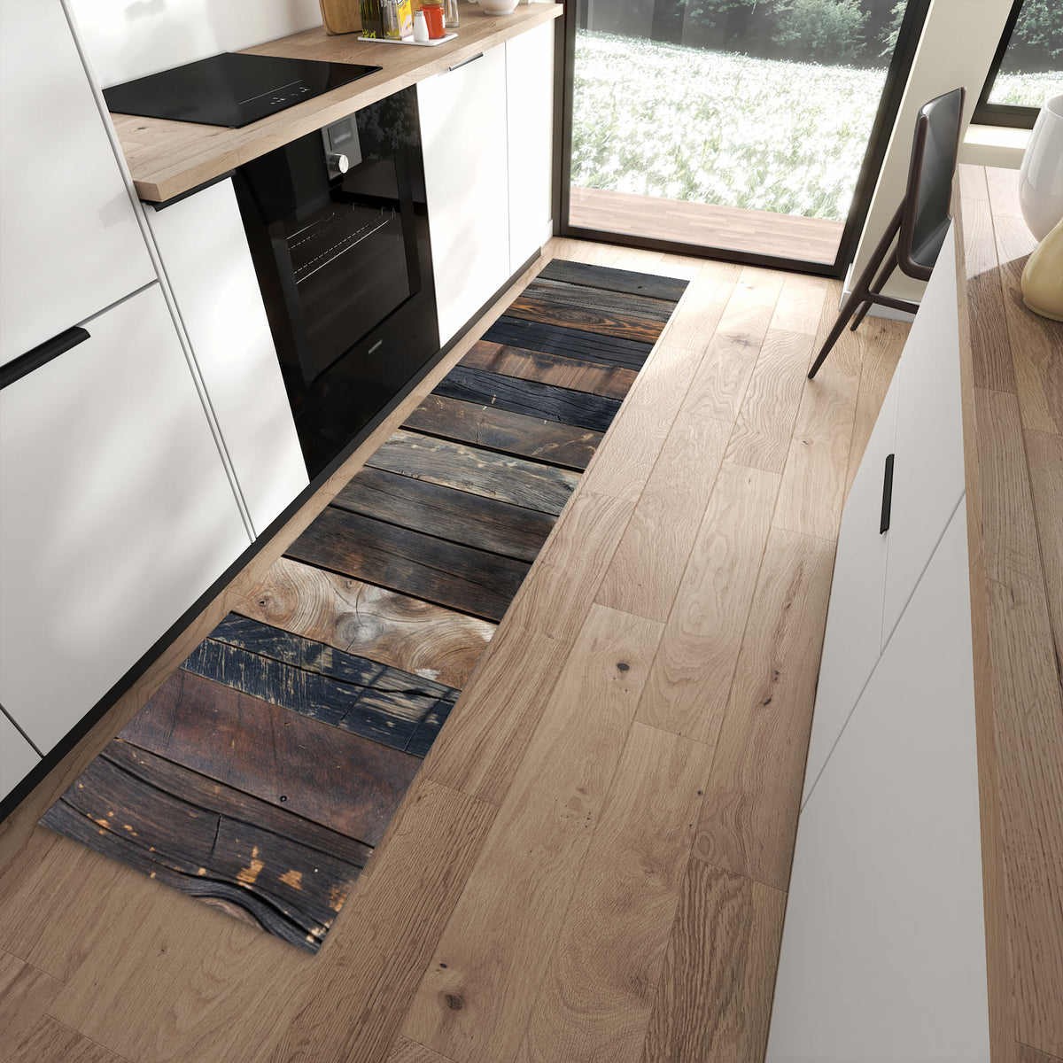 Wasserabweisender Teppich für die Küche mit Motiv Rustikale Holzplanken in moderner Küche