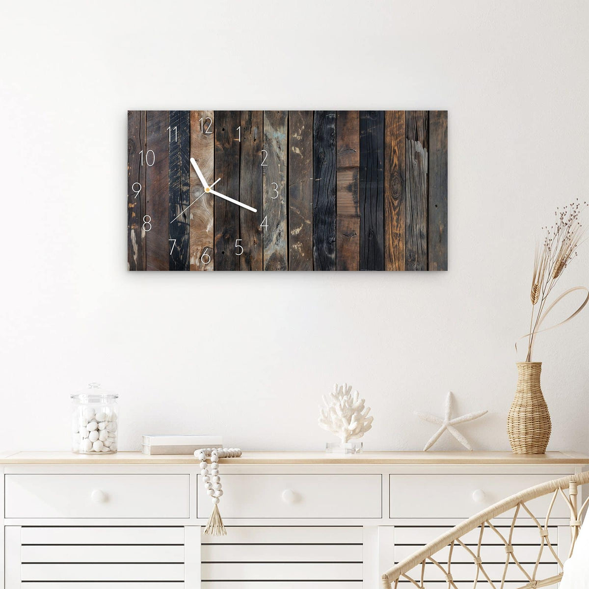 Wanduhr Braune Holzdielen aus Glas – Querformat 60 × 30 cm – Rustikale Planken in Braun