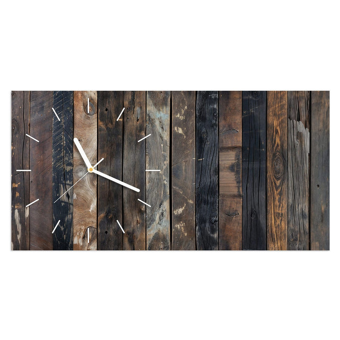 Wanduhr Braune Holzdielen aus Glas – Querformat 60 × 30 cm mit Ziffernblatt Linie