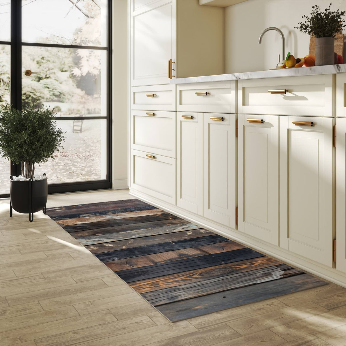 Küchenteppich mit Motiv Rustikale Holzplanken für Trittkomfort in heller Küche