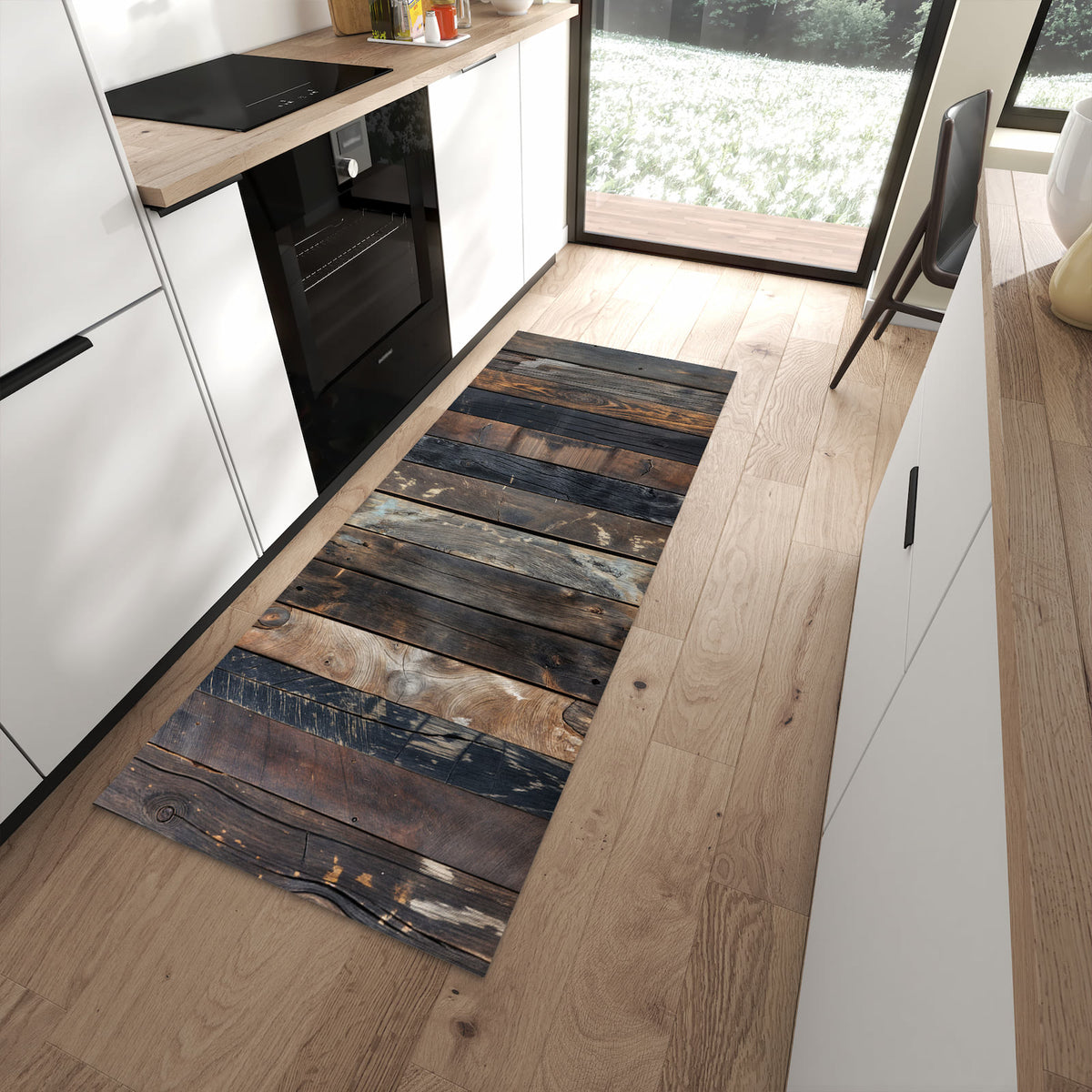 Geruchsneutraler Teppich in Küche mit Motiv Rustikale Holzplanken in moderner Küche