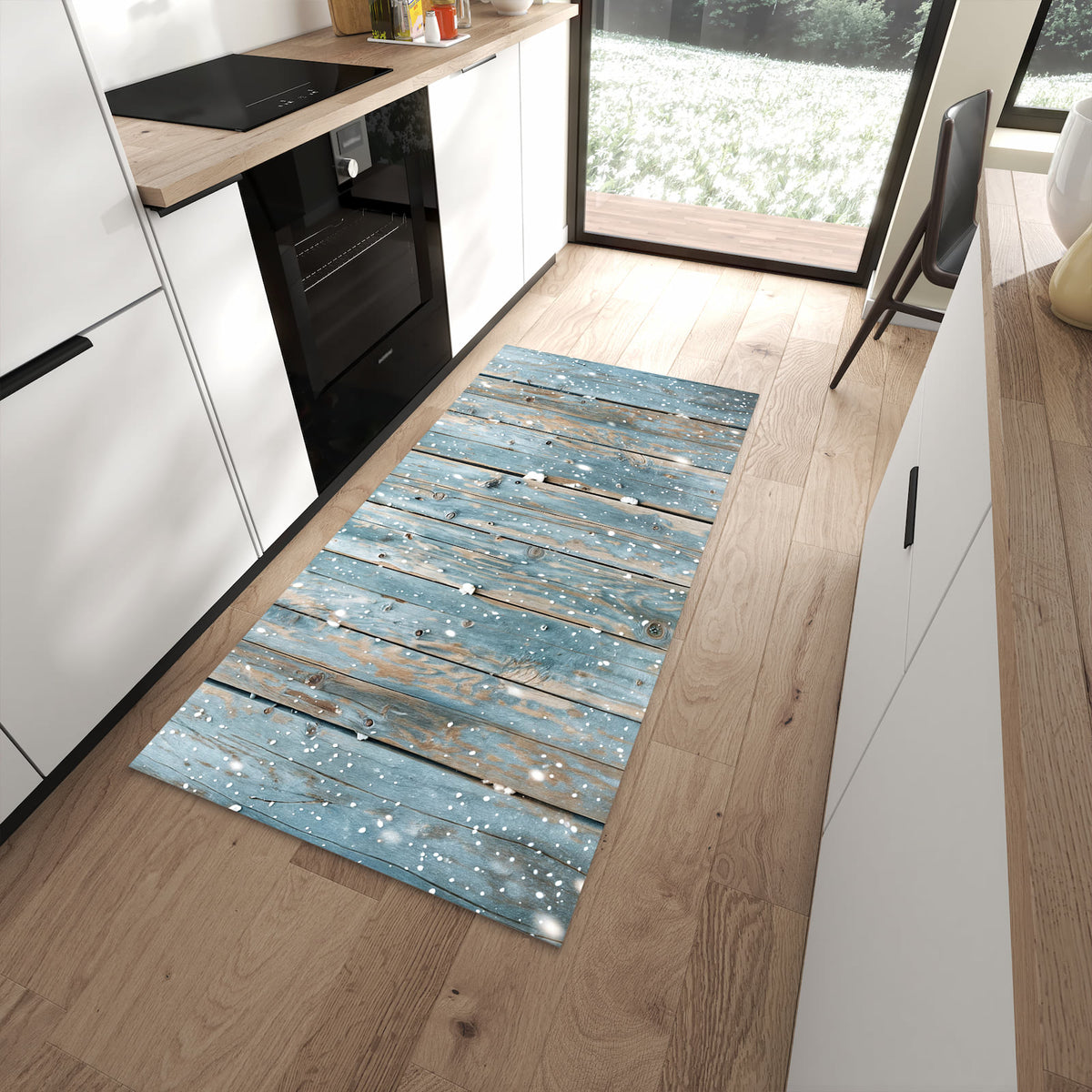 Abwaschbarer Küchenläufer mit Motiv Holz mit Schnee in moderner Küche
