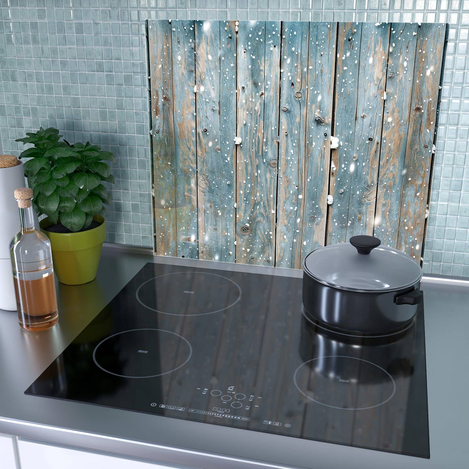 1-teilige Herdabdeckplatte mit Holz mit Schnee-Motiv als Spritzschutz hinter dem Kochfeld
