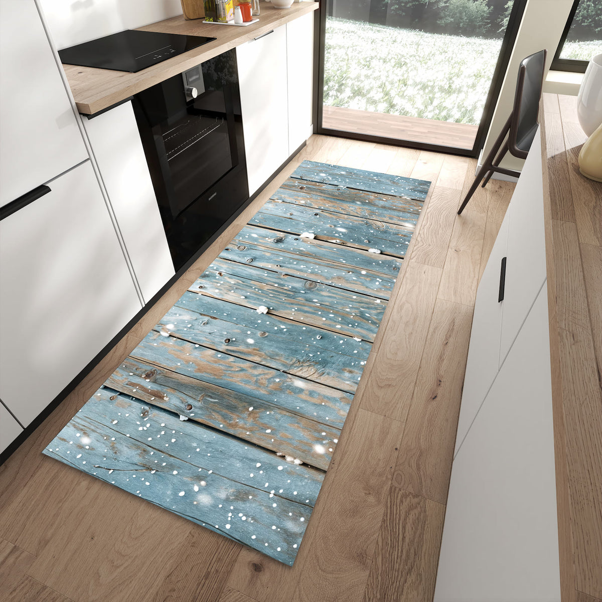 Zeitsparender abwaschbarer Küchenteppich mit Motiv Holz mit Schnee in moderner Küche