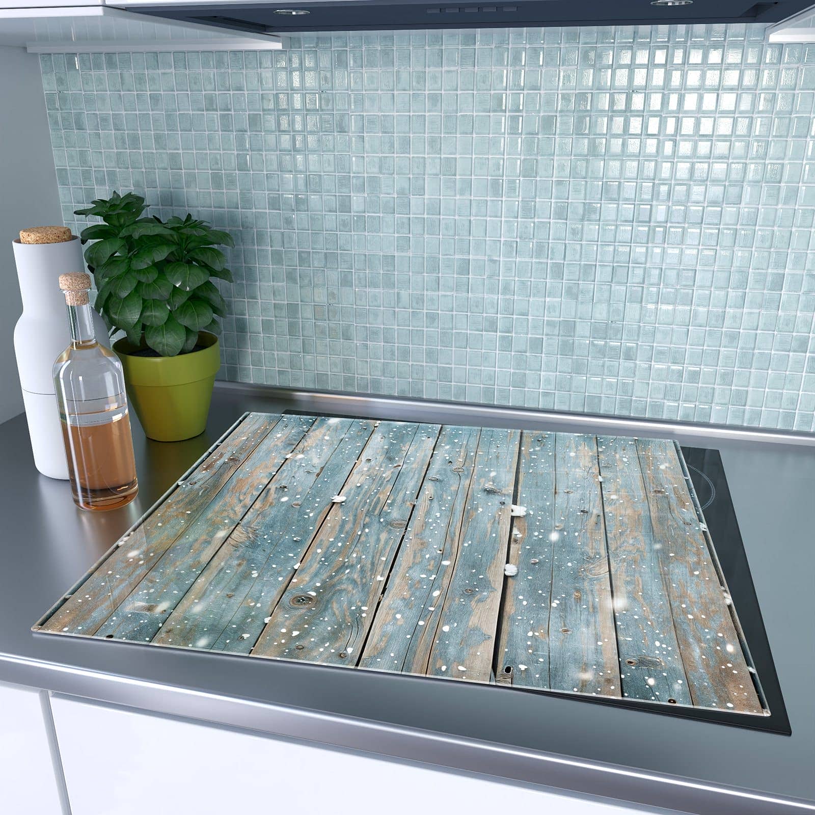 1-teilige Herdabdeckplatten aus Glas mit Holz mit Schnee-Motiv auf dem Ceranfeld